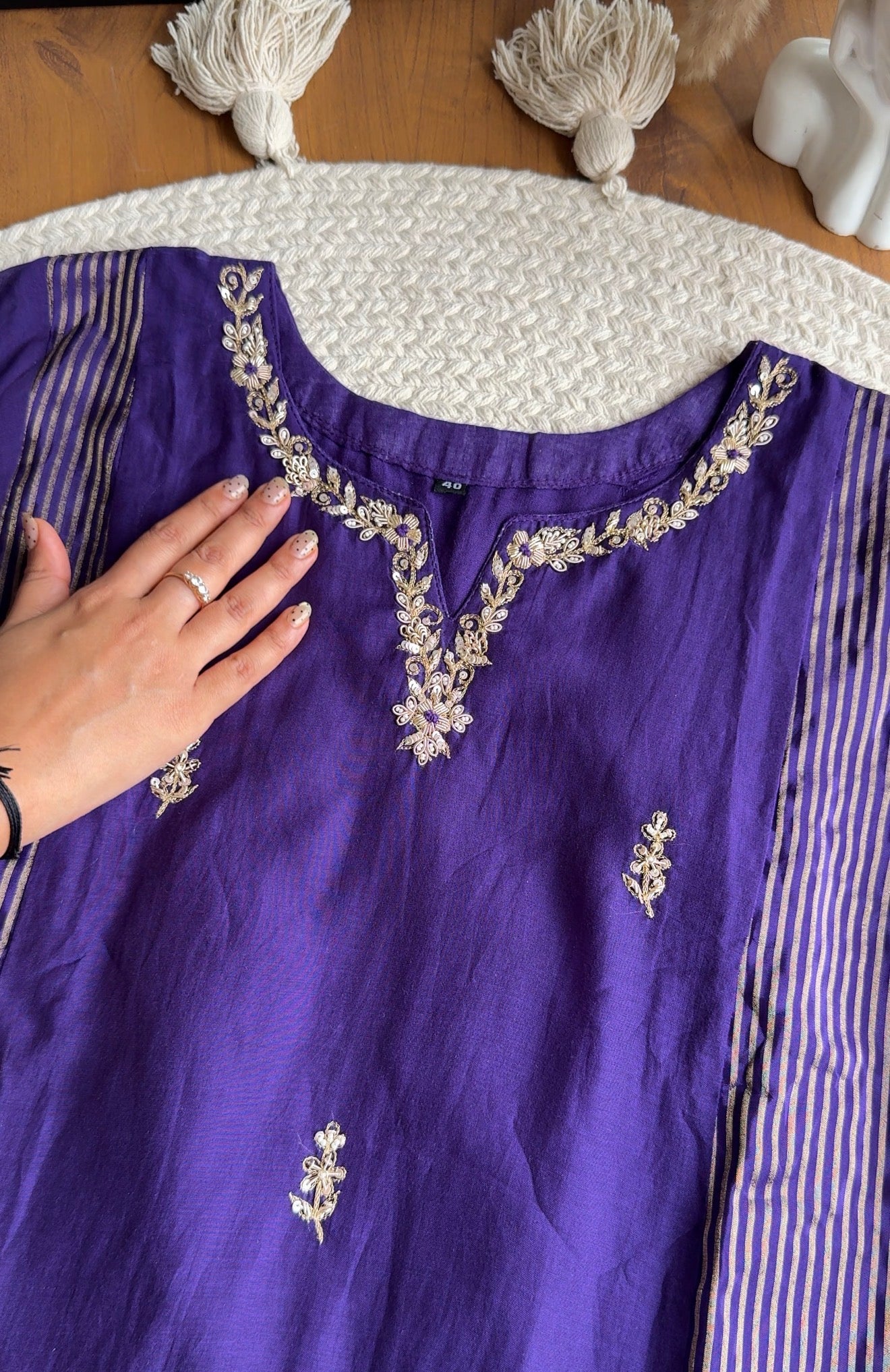 Sunaina Striped Tissue with Mul Chanderi Dress- Purple