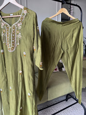 Shilpa Embroided Mul Chanderi Dress-Mehndi Green