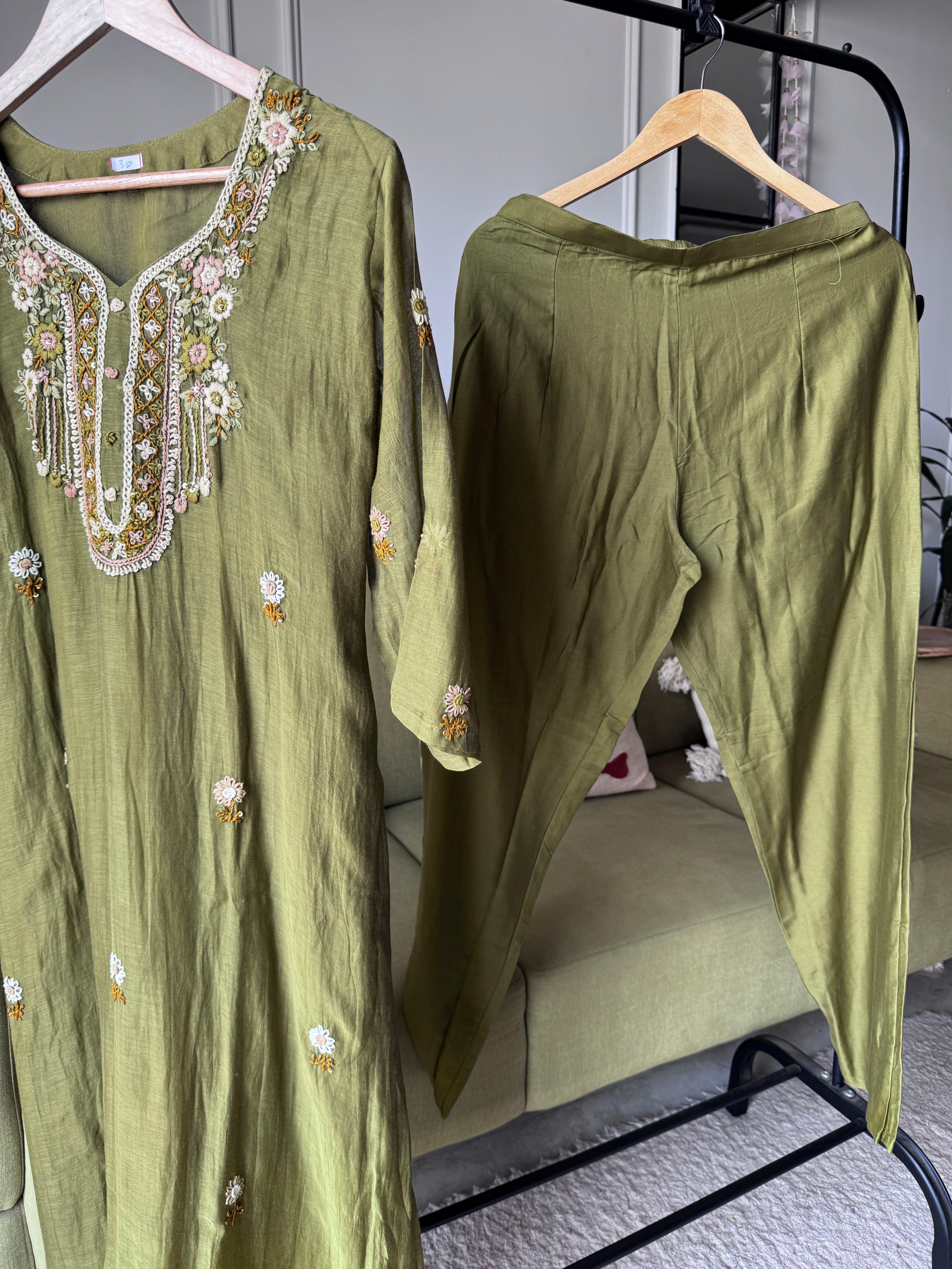 Shilpa Embroided Mul Chanderi Dress-Mehndi Green