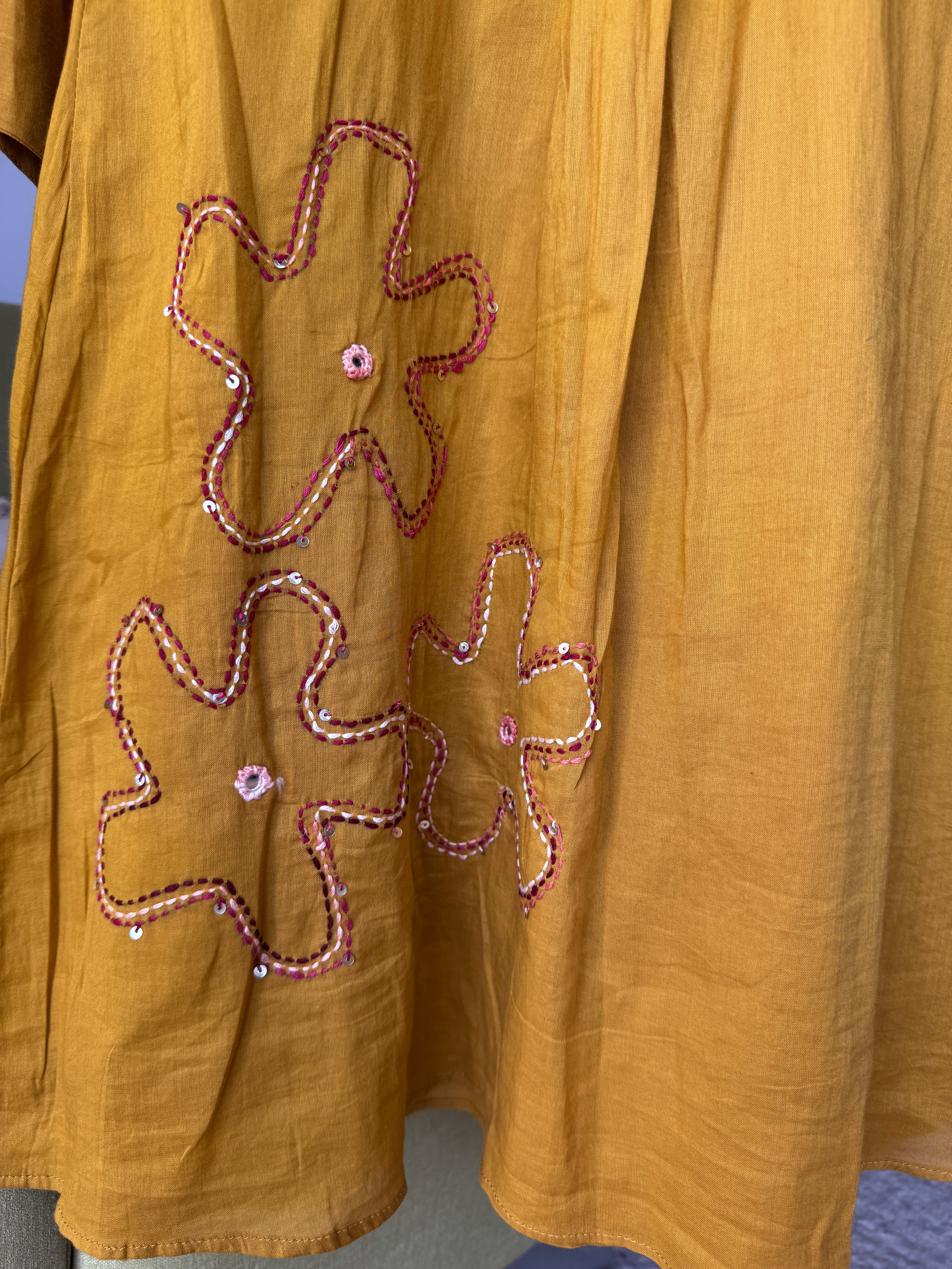 Disha Embroided Mul Cotton Dress- Musturd