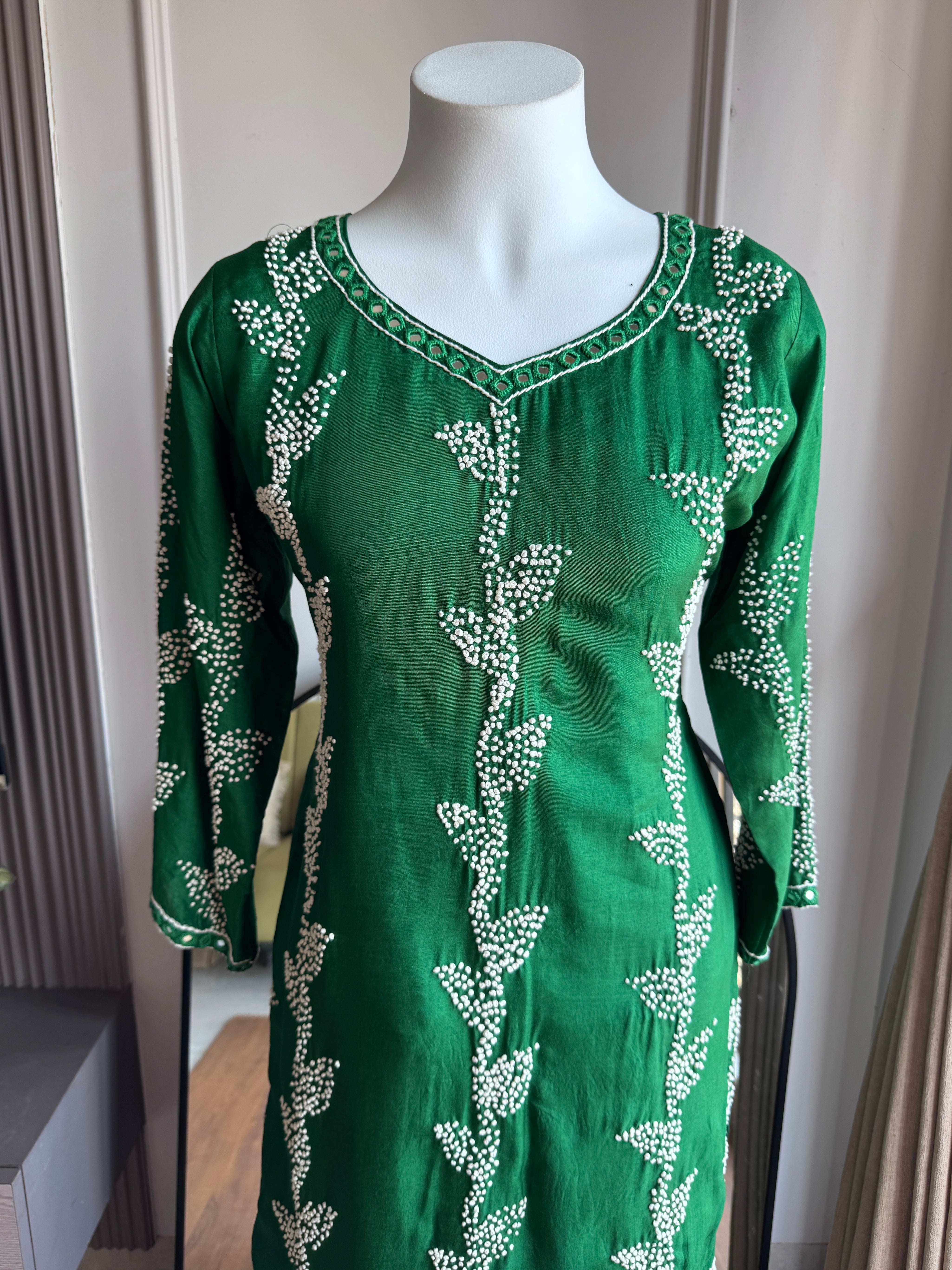 Sahita Knot Work  Straight Cut Dress-Green (Make to Order)