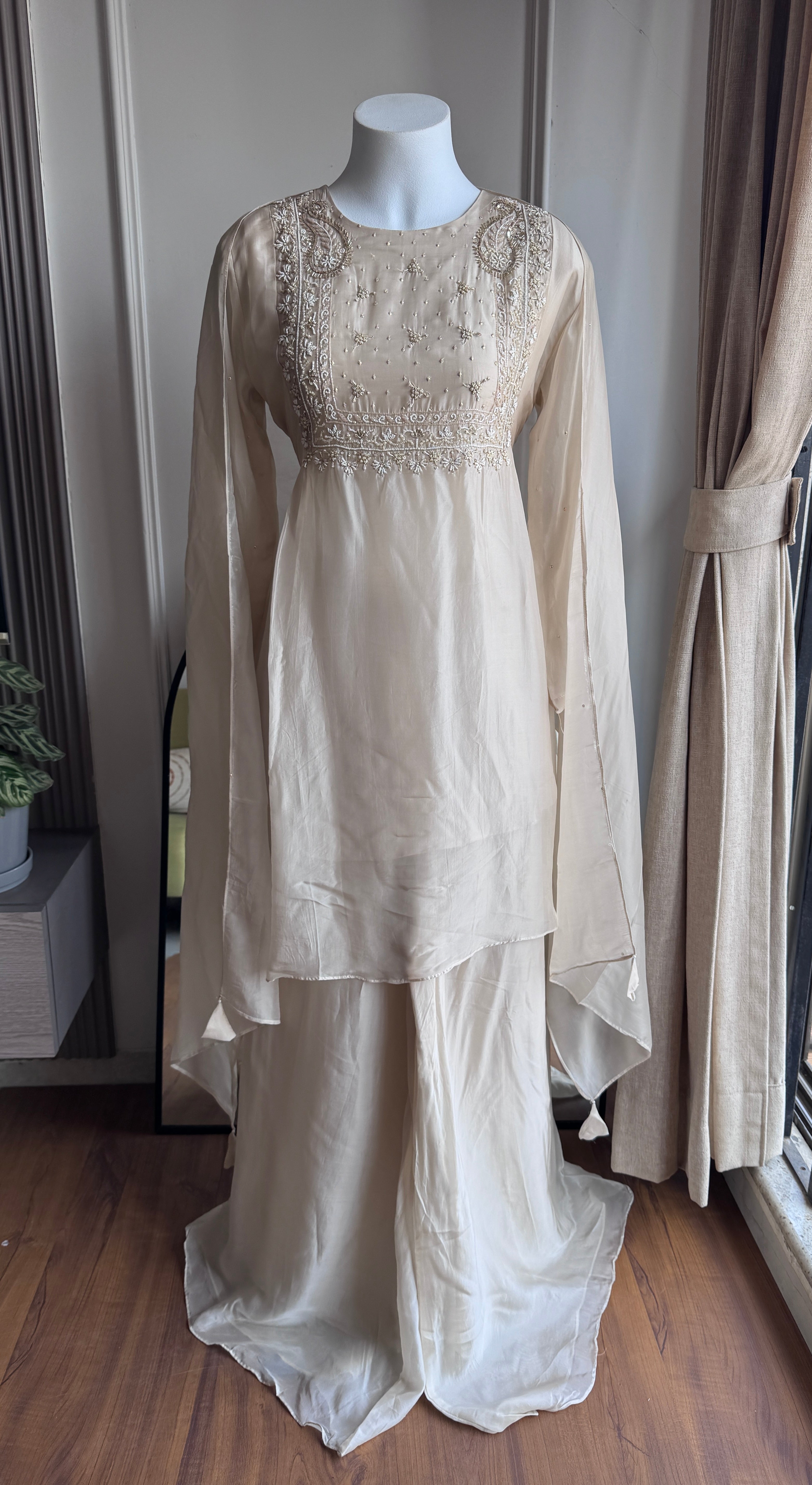 Neha Handwork Short Kurta Dress- Ivory (Make to Order)