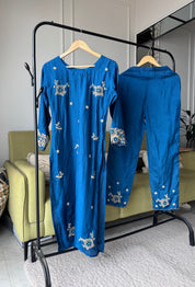 Rasika Embroided Russian Silk Dress-Blue