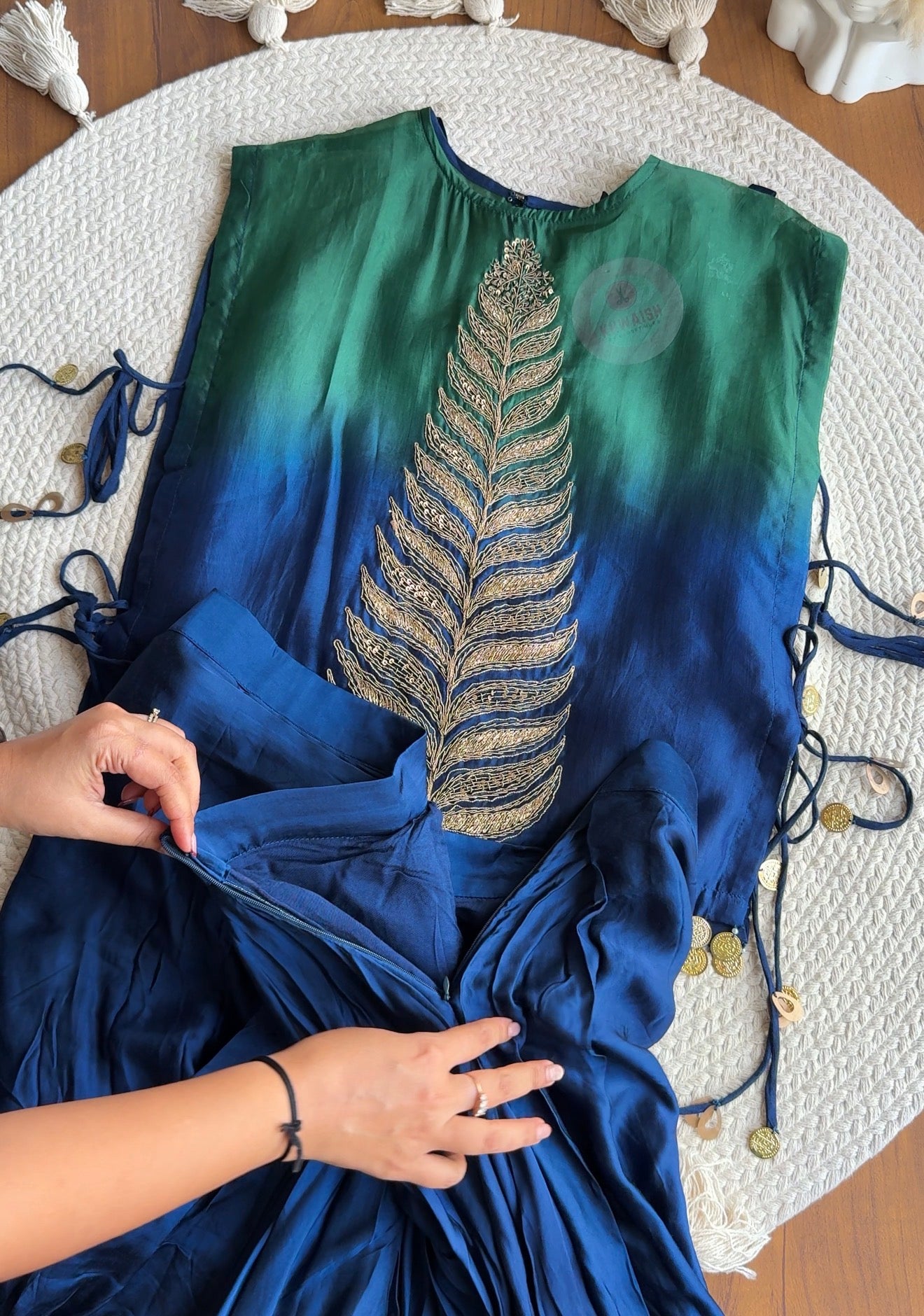Usha Peacock Handwork Skirt Drape Set- Blue with Green