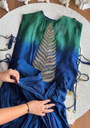 Usha Peacock Handwork Skirt Drape Set- Blue with Green