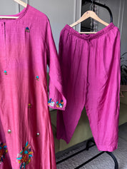 Parul Embroided Mul Chanderi Dress- Pink