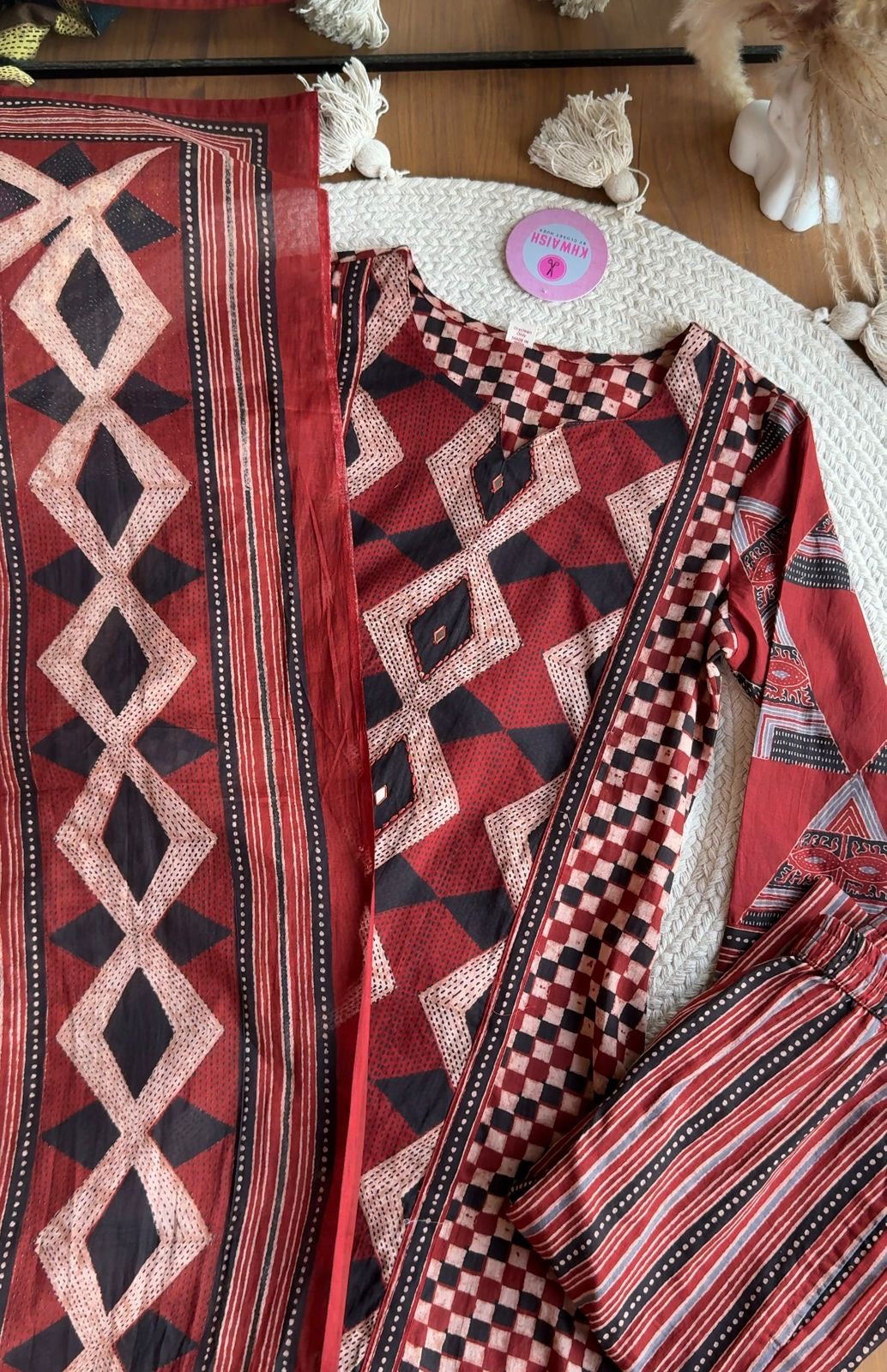Heer Chequered Cotton Dress-Brick Red