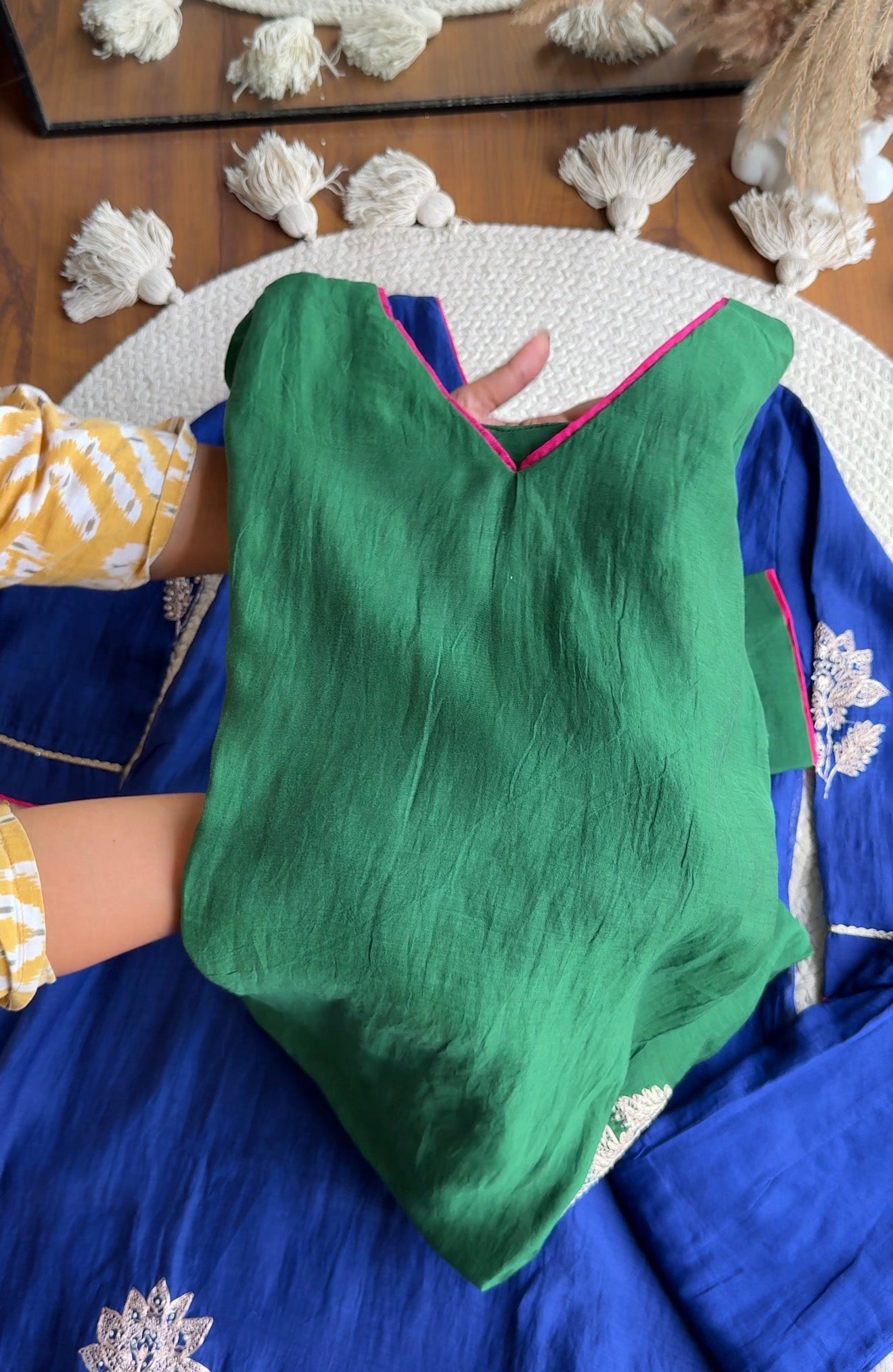 Charvi Contrast Dupatta Mul Chanderi Dress- Bottle Green