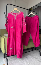Megha Handwork Mul Chanderi Dress- Pink