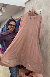 Ruhi Scalloped Neck Mul Chanderi Dress-Peach