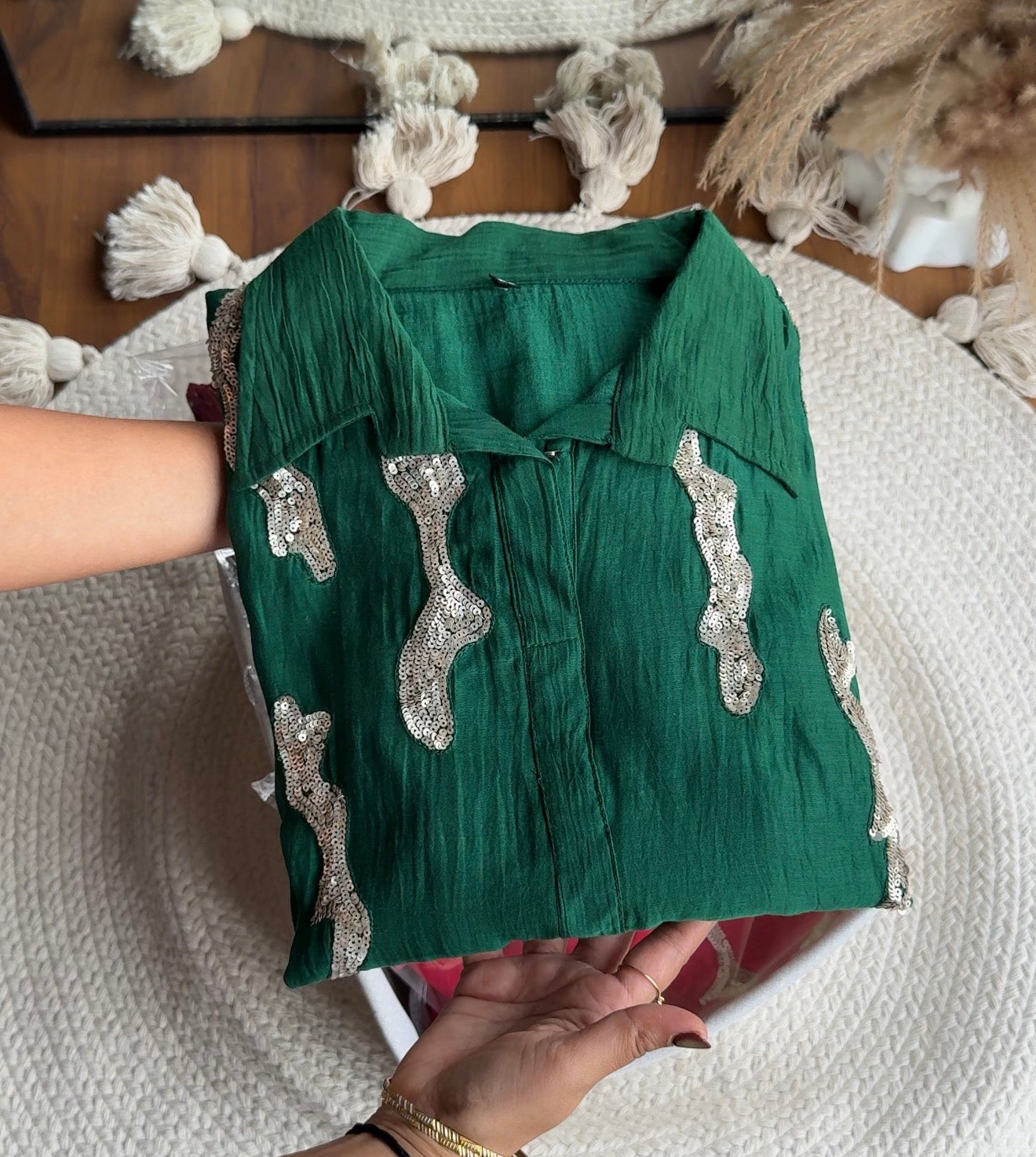 Vrinda Handwork Mul Chanderi Coord Set-Green