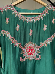 Tara Handwork Mul Chanderi Dress- Green
