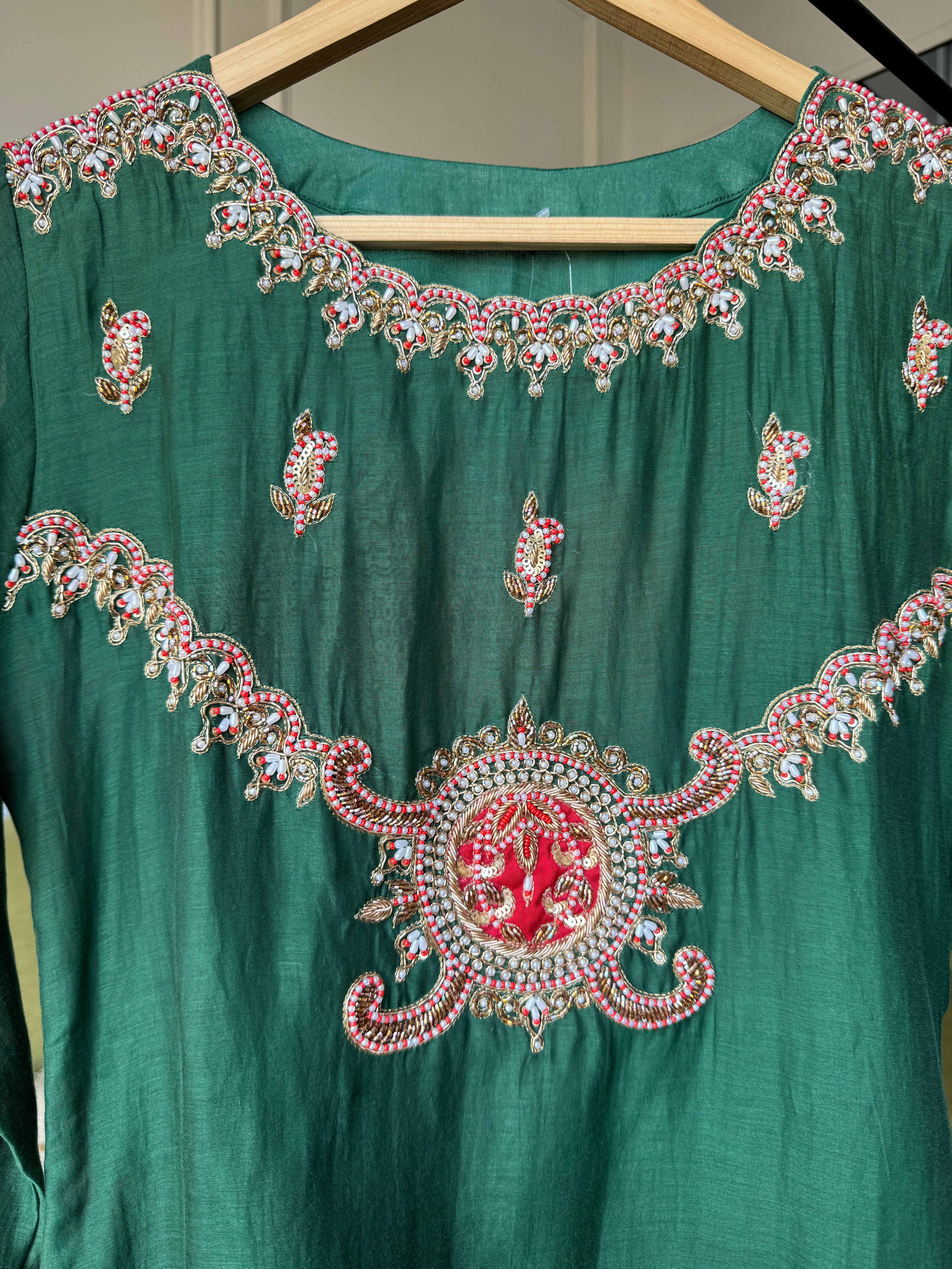 Tara Handwork Mul Chanderi Dress- Green