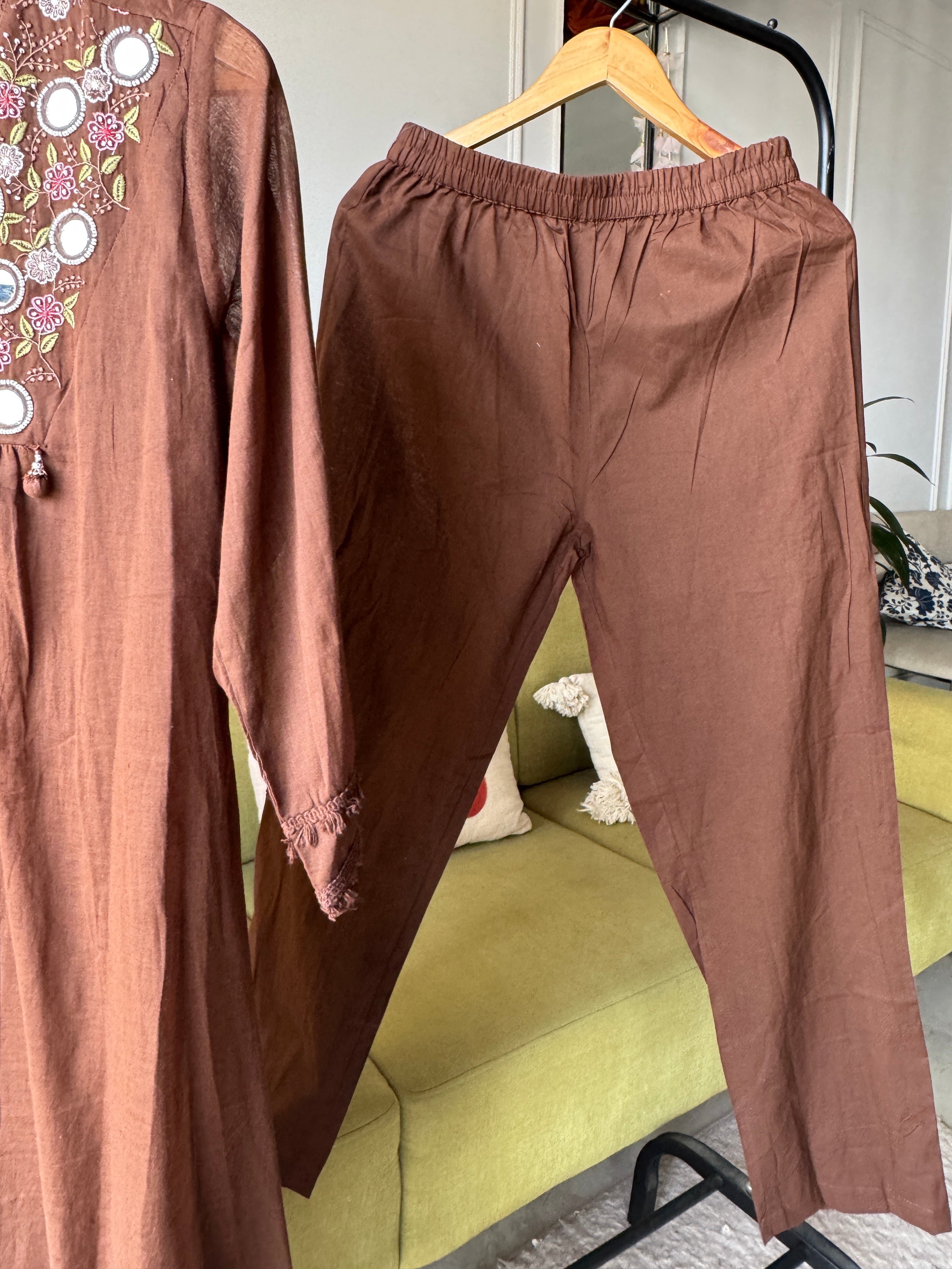 Radhika Embroided Mul Cotton Dress- Brown