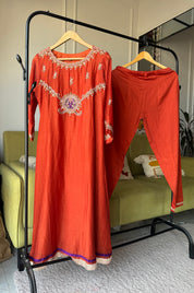 Tara Handwork Mul Chanderi Dress- Rust