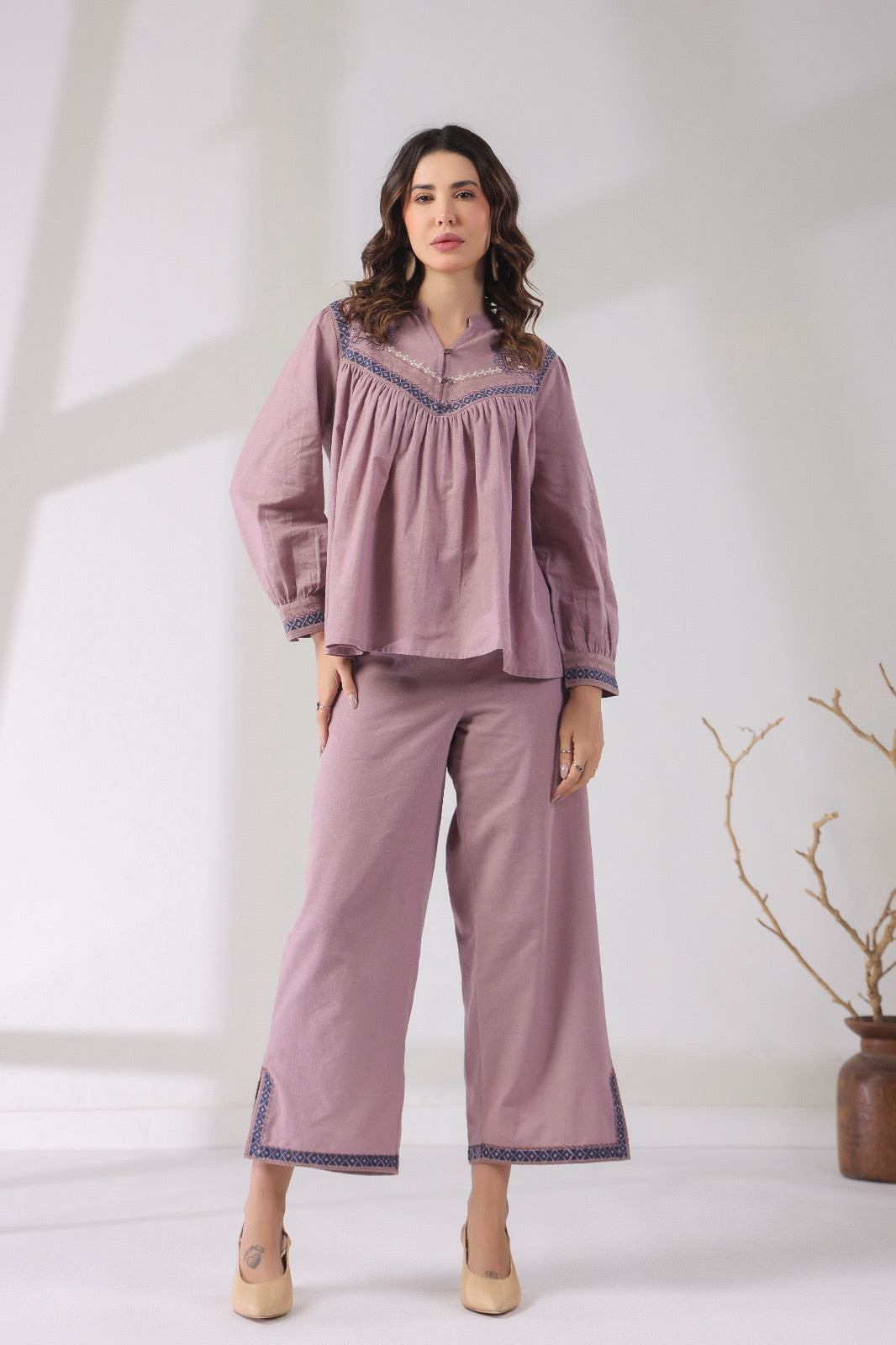Neha Embroided Khadi Cotton Coord Set- Nude Pink