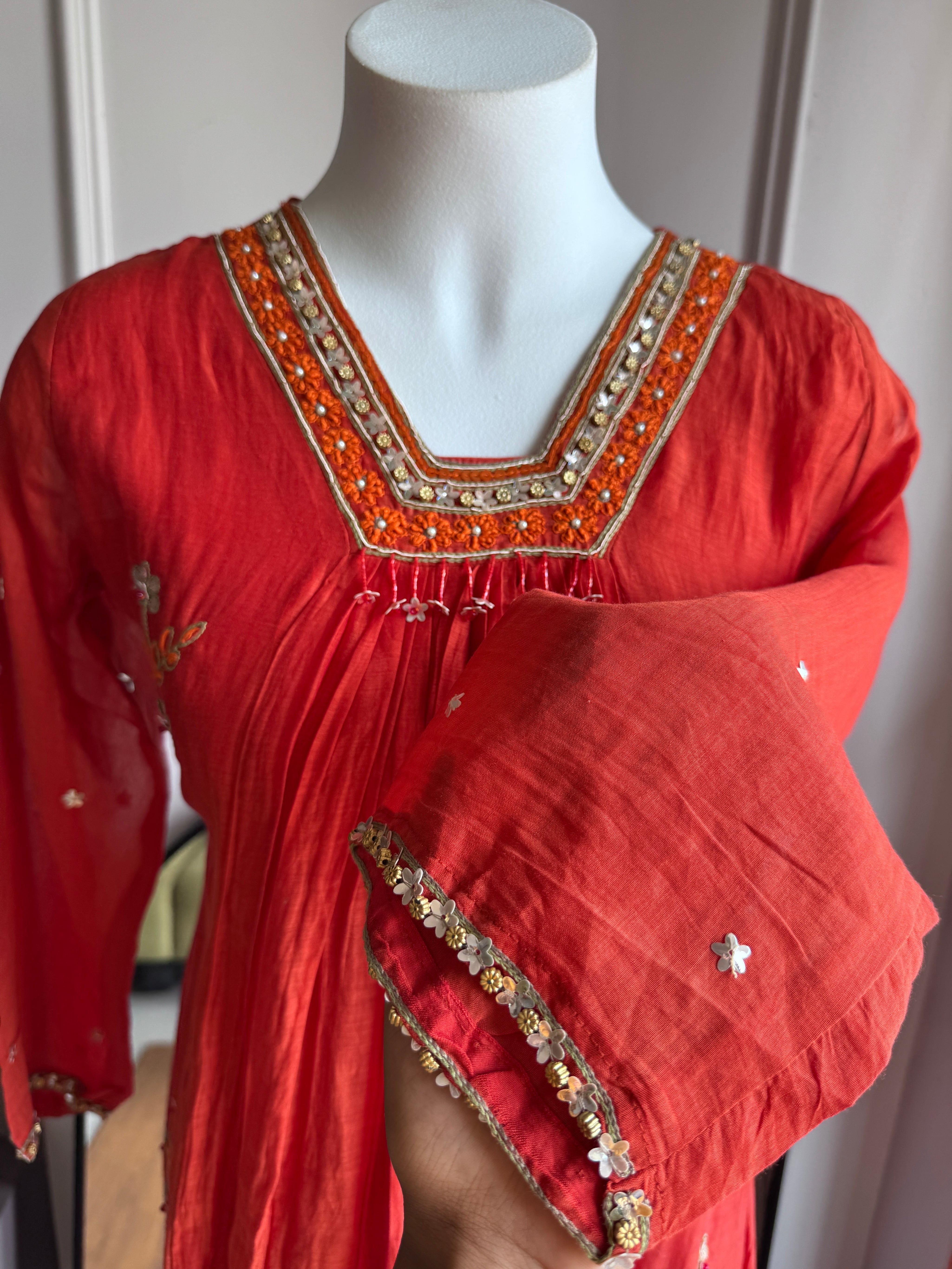 Nishtha Handwork Mul Chanderi Aline Dress- Rust