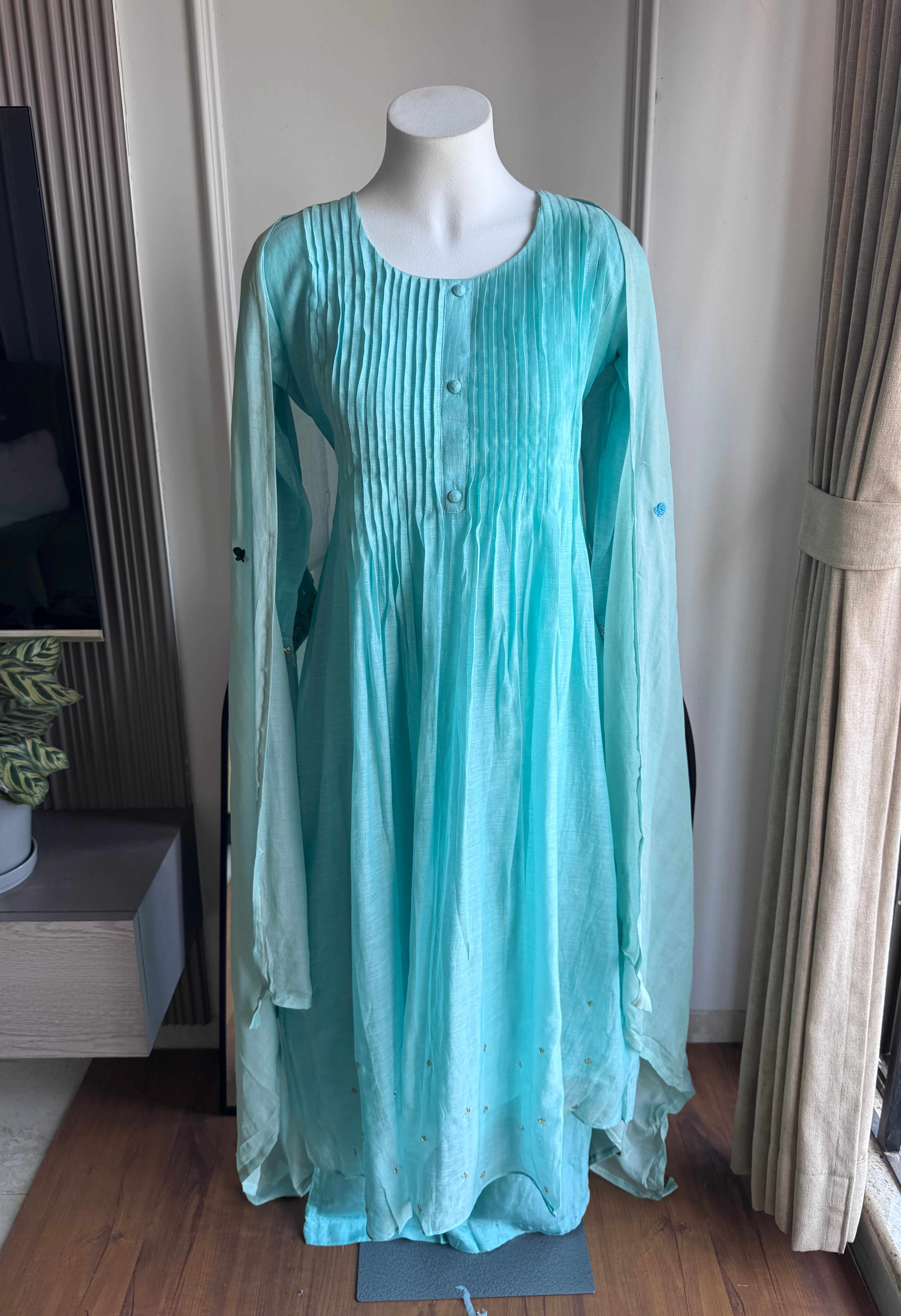 Pratibha Handwork Mul Chanderi  Dress - Sky Blue