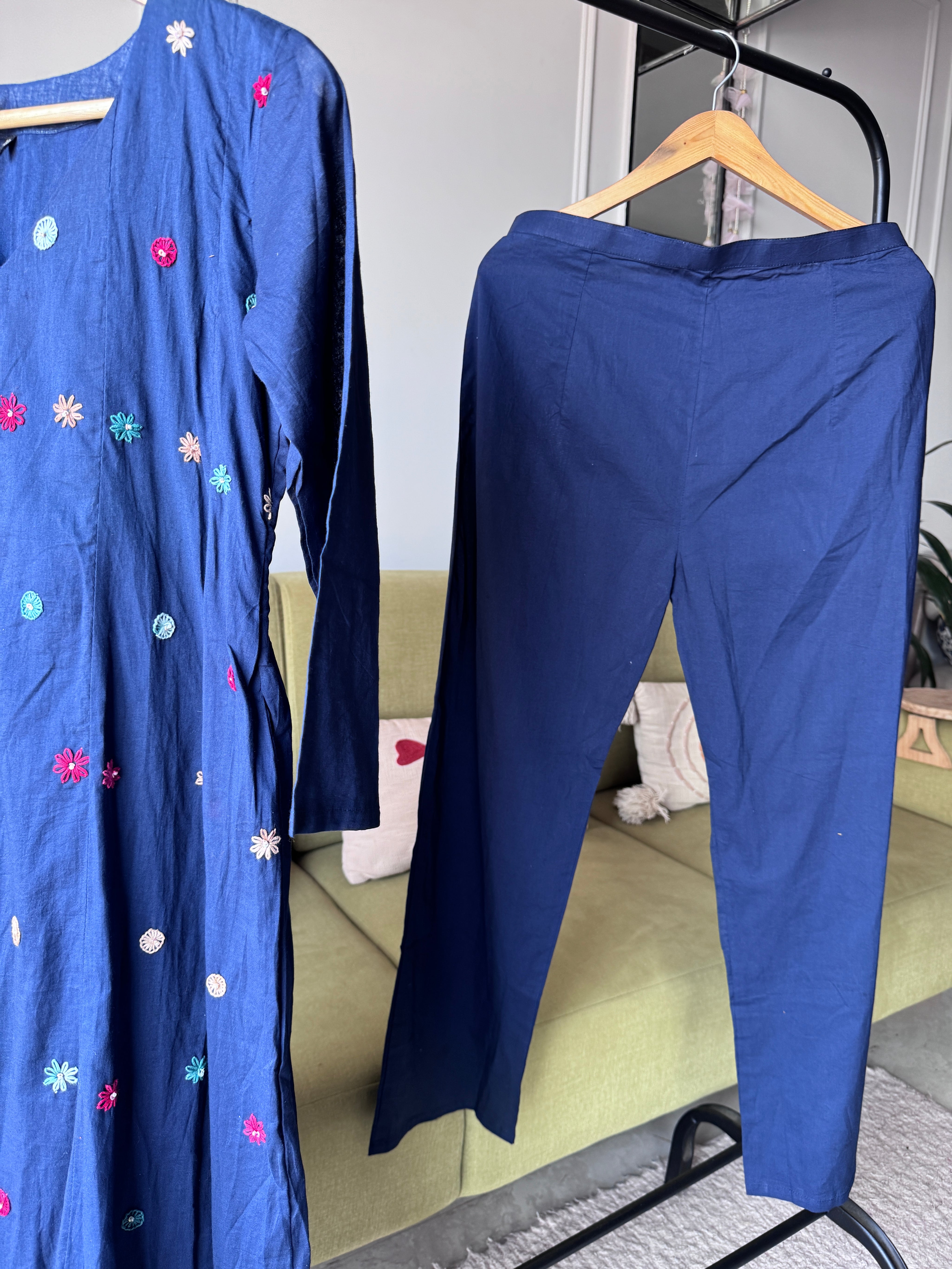 Pratima Katha Work  Mul Cotton Anarkali - Blue