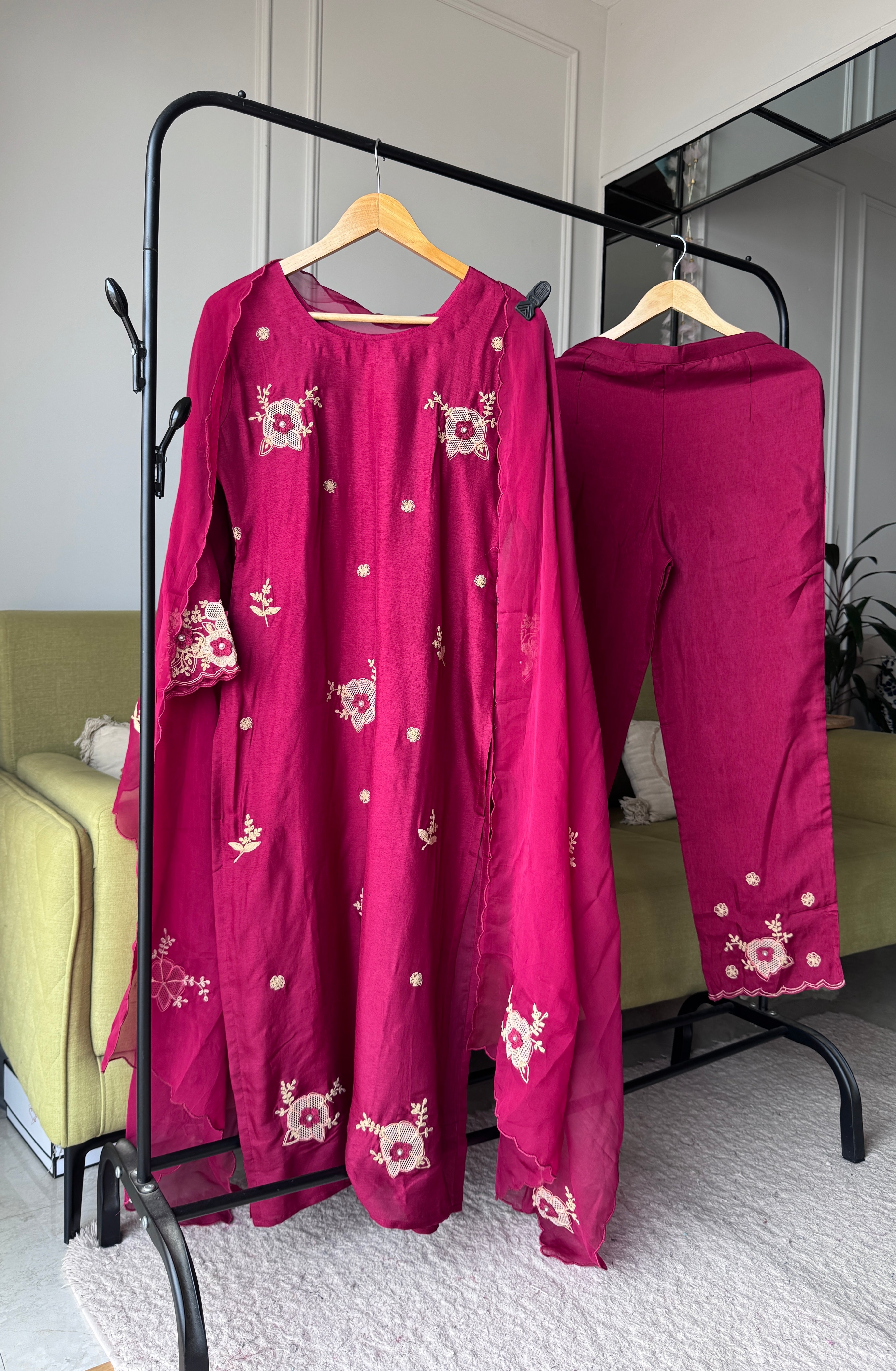 Rasika Embroided Russian  Silk Dress-Maroon