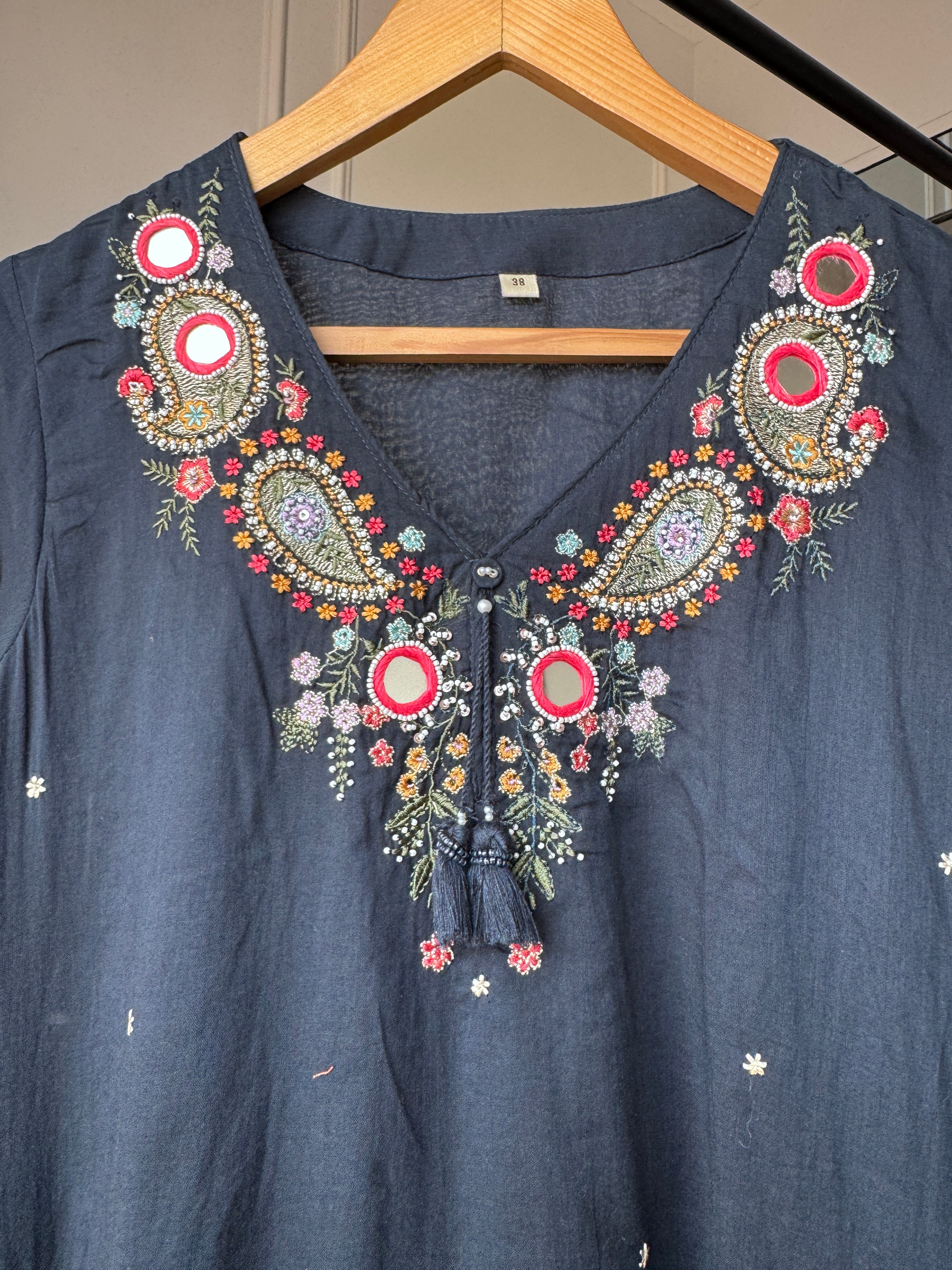 Mannat Pocket Embroided Mul Cotton Dress- Dark Blue