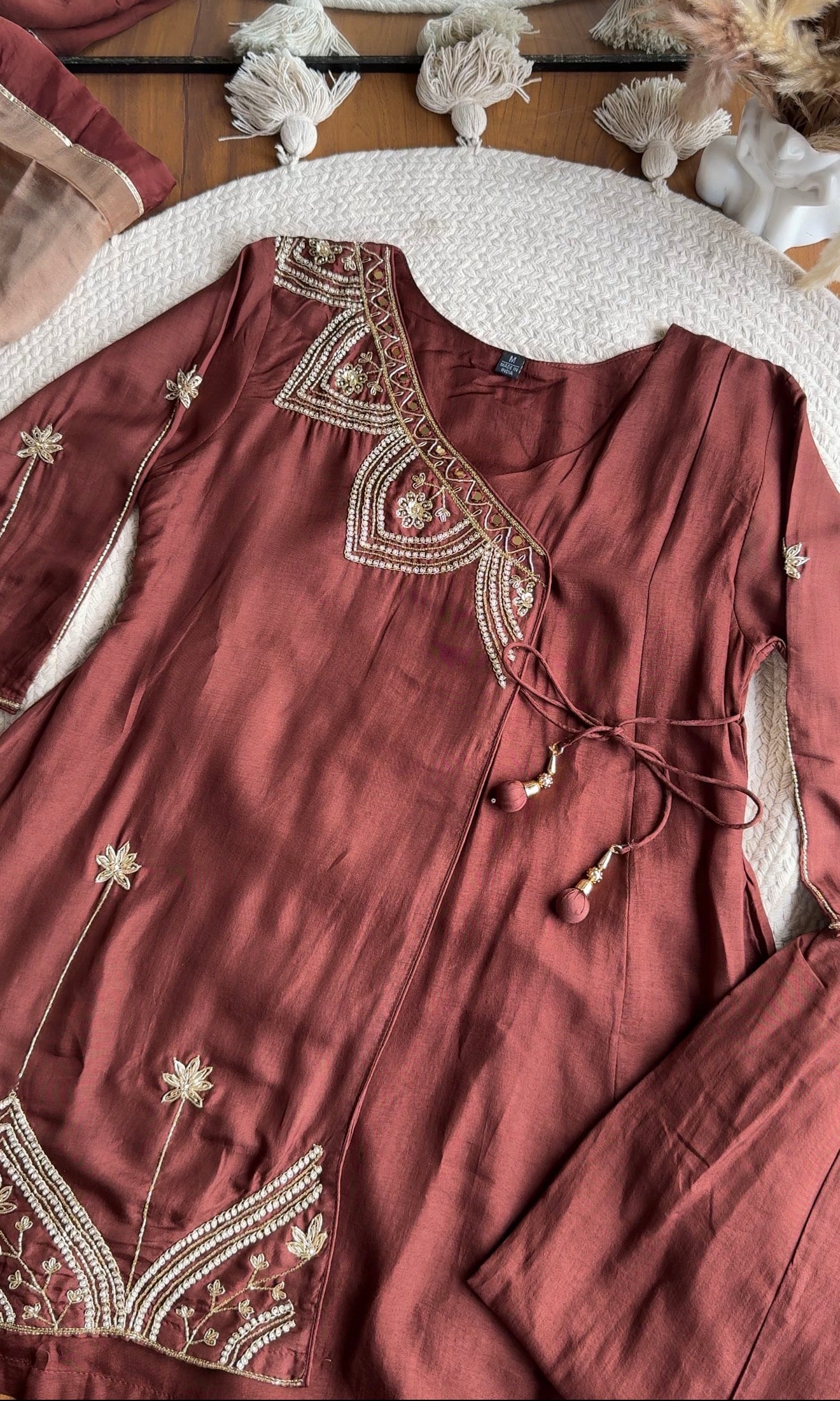 Aditi Short Kurta Hand Work Angrakha Dress-Brown
