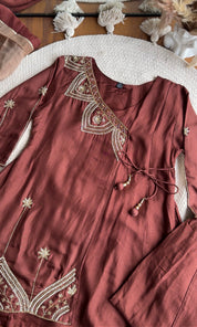 Aditi Short Kurta Hand Work Angrakha Dress-Brown