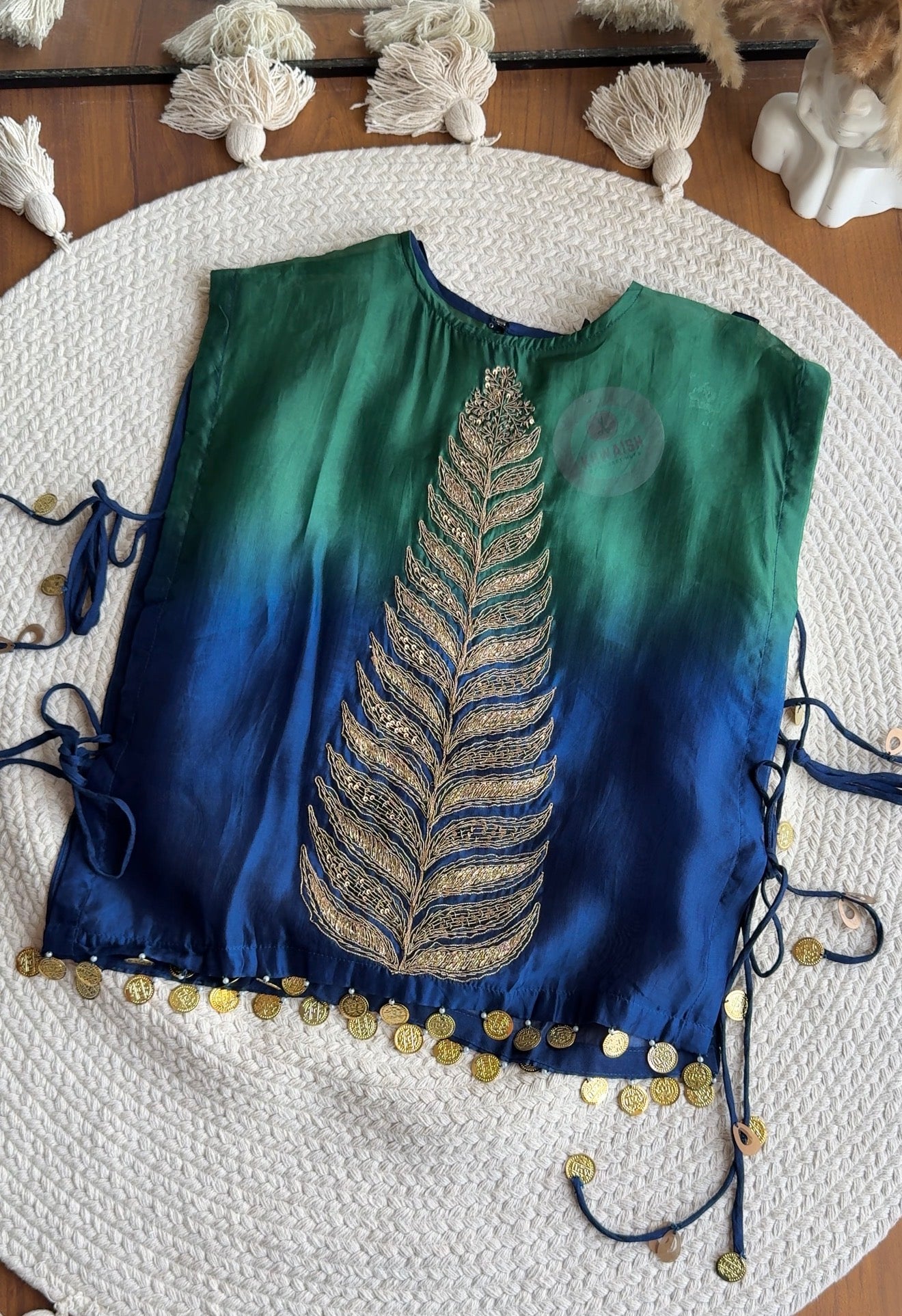 Usha Peacock Handwork Skirt Drape Set- Blue with Green