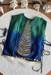 Usha Peacock Handwork Skirt Drape Set- Blue with Green