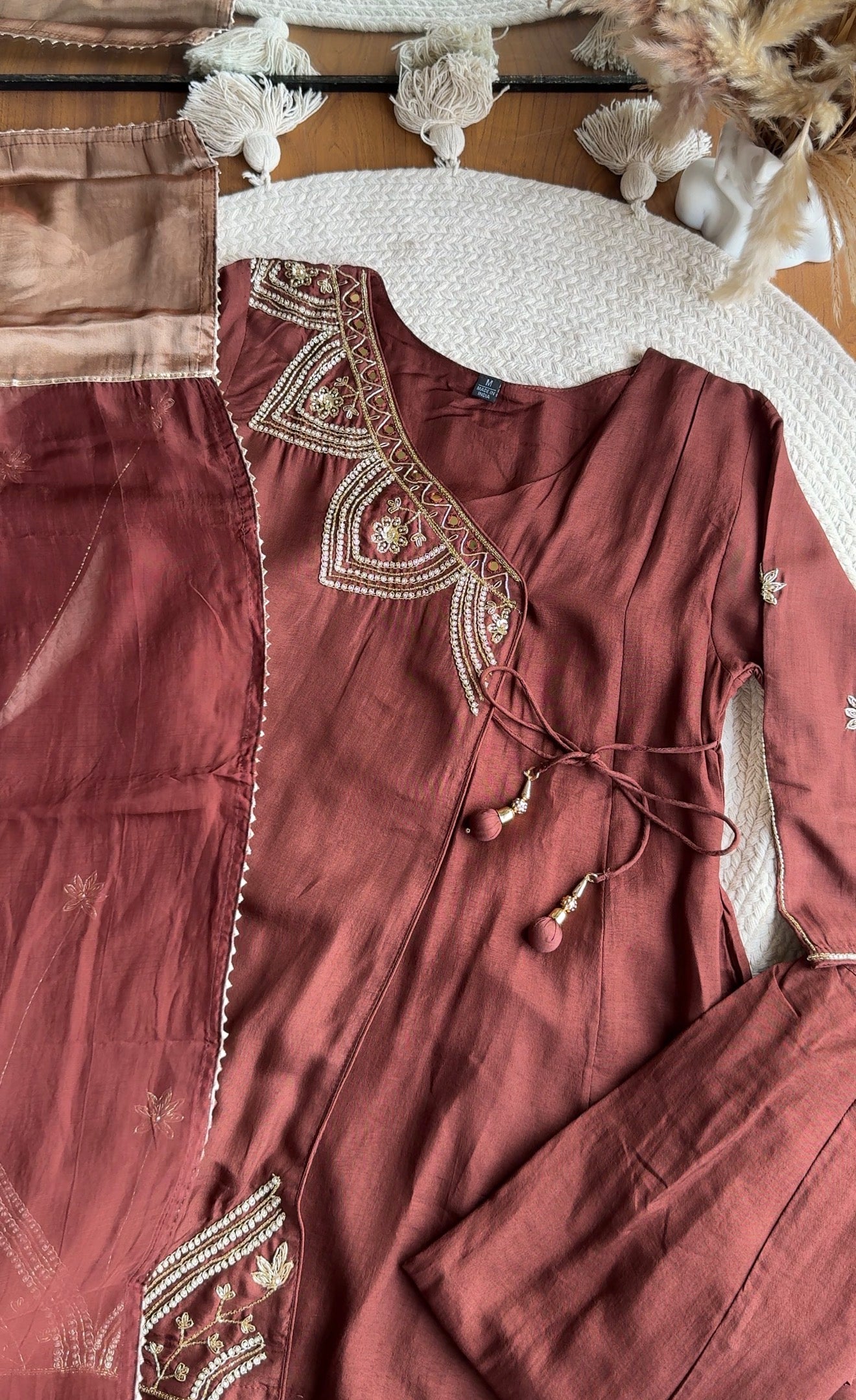 Aditi Short Kurta Hand Work Angrakha Dress-Brown