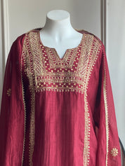 Twinkle Hand Work Mul Chanderi Dress- Maroon