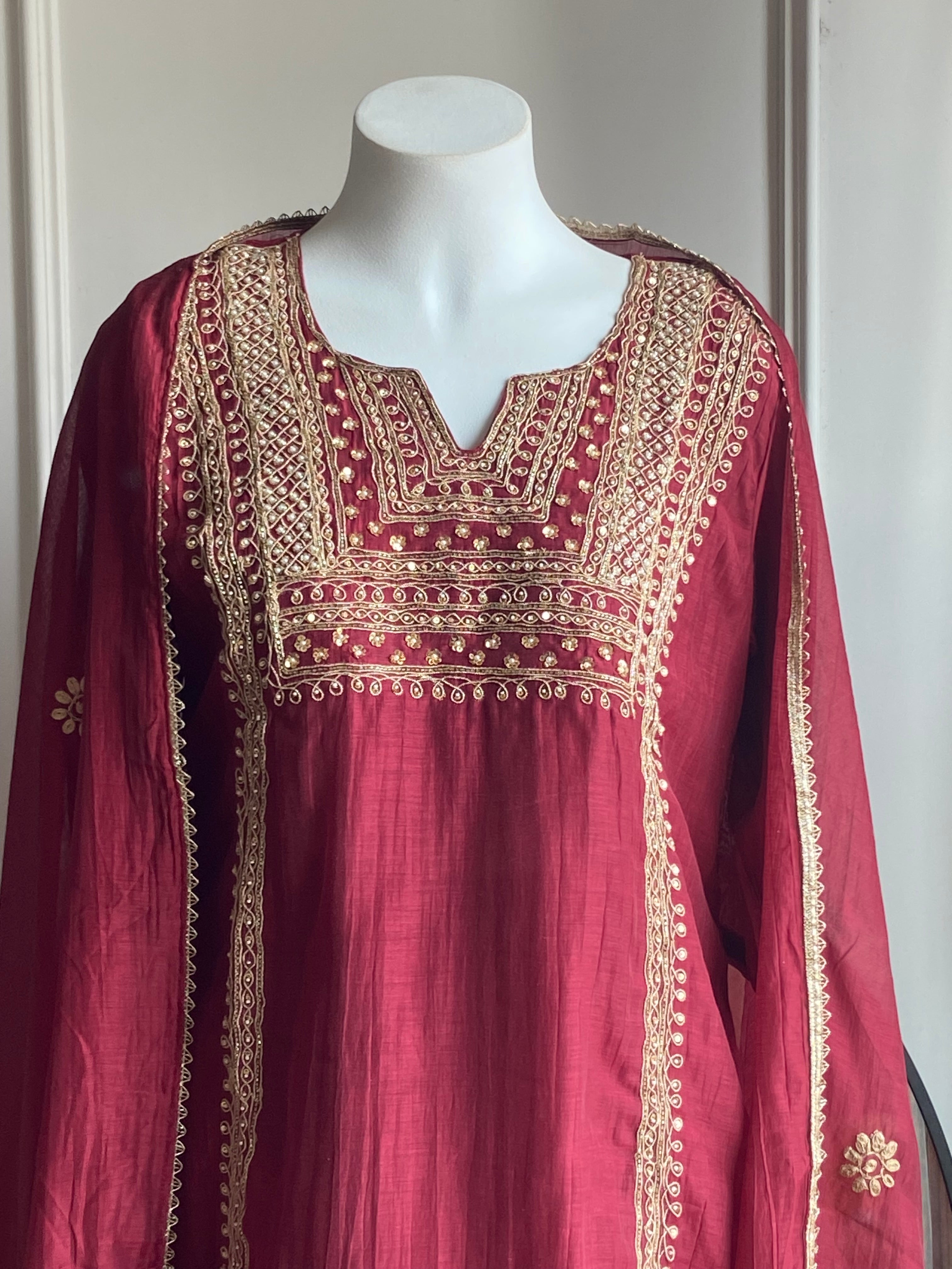 Twinkle Hand Work Mul Chanderi Dress- Maroon
