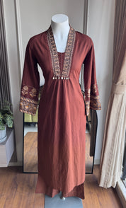 Pamela Embroidery Cotton Dress - Brown