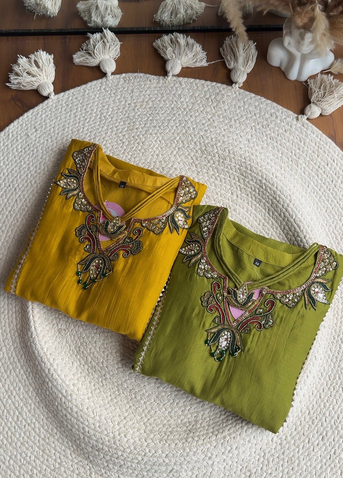 Pooja Necklaces Mul Chanderi Dress- Yellow