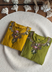 Pooja Necklaces Mul Chanderi Dress- Yellow