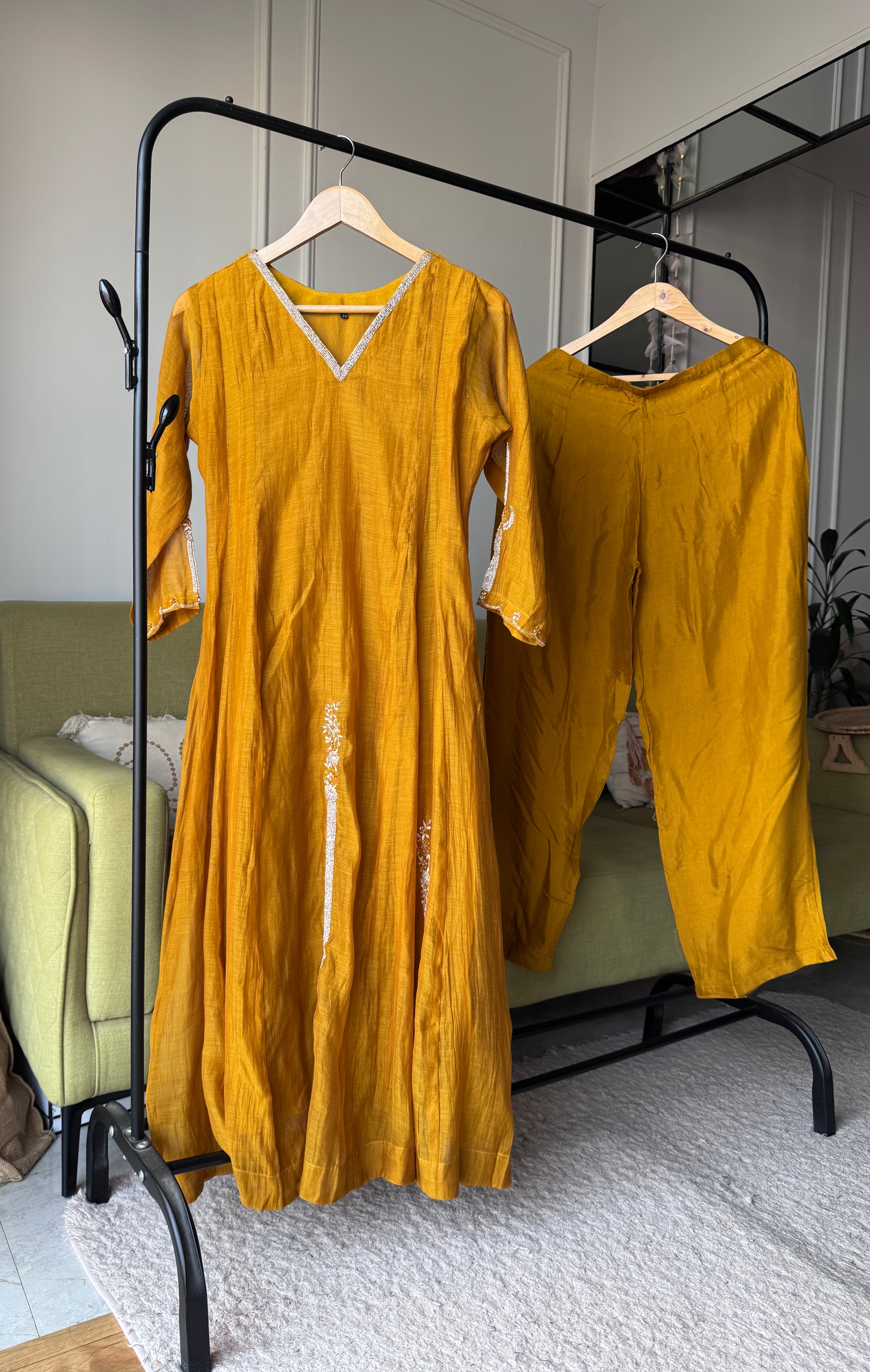 Naina Handwork Mul Chanderi Dress- Musturd