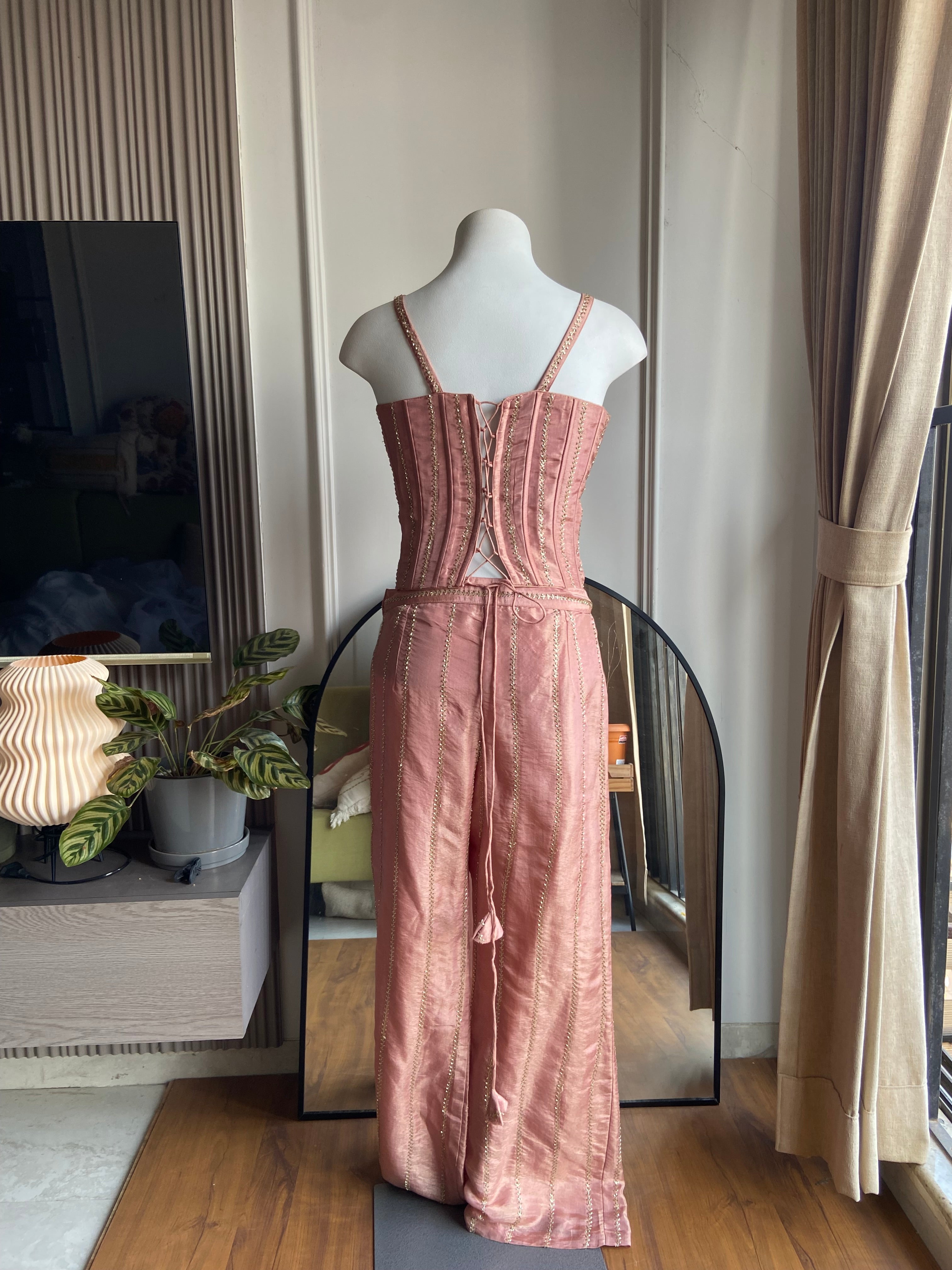 Dazzle Corset Top With Bell Bottoms Pants Full Handwork - Pink