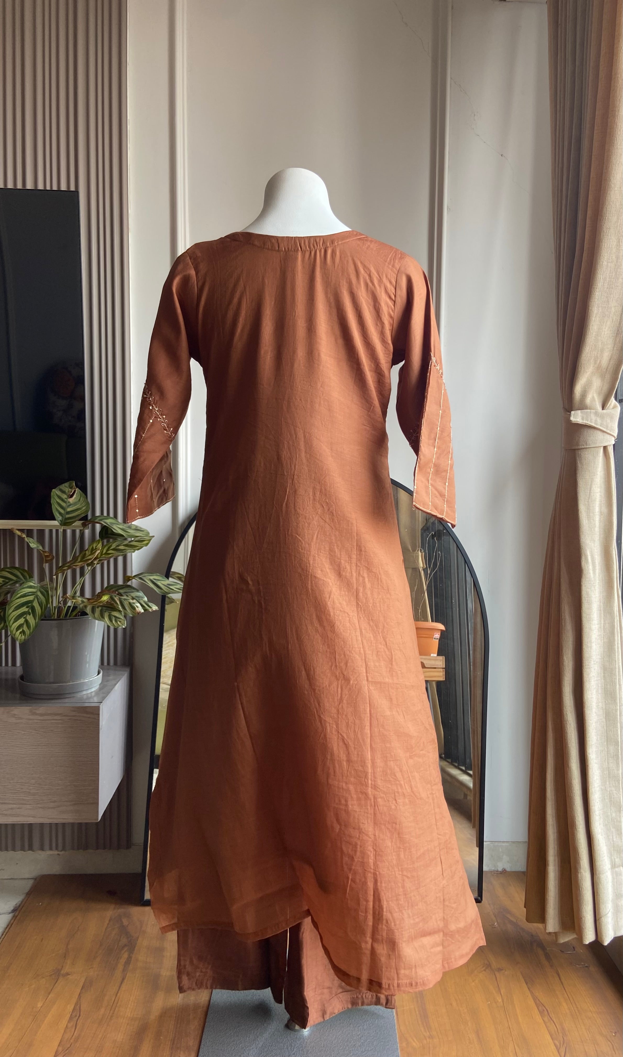 Aastha box neck  mul Chanderi dress-burnt orange