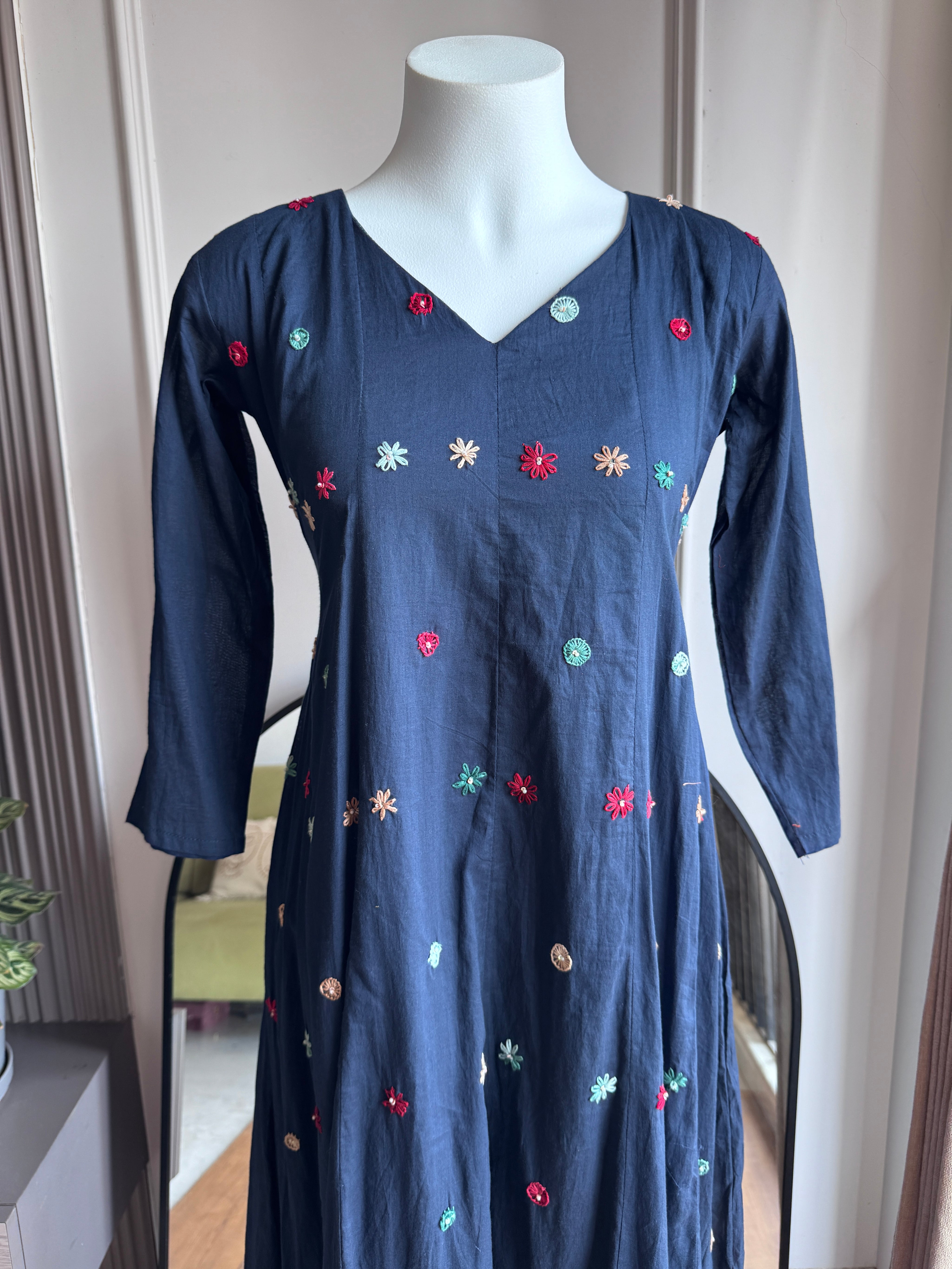 Pratima Katha Work  Mul Cotton Anarkali - Blue