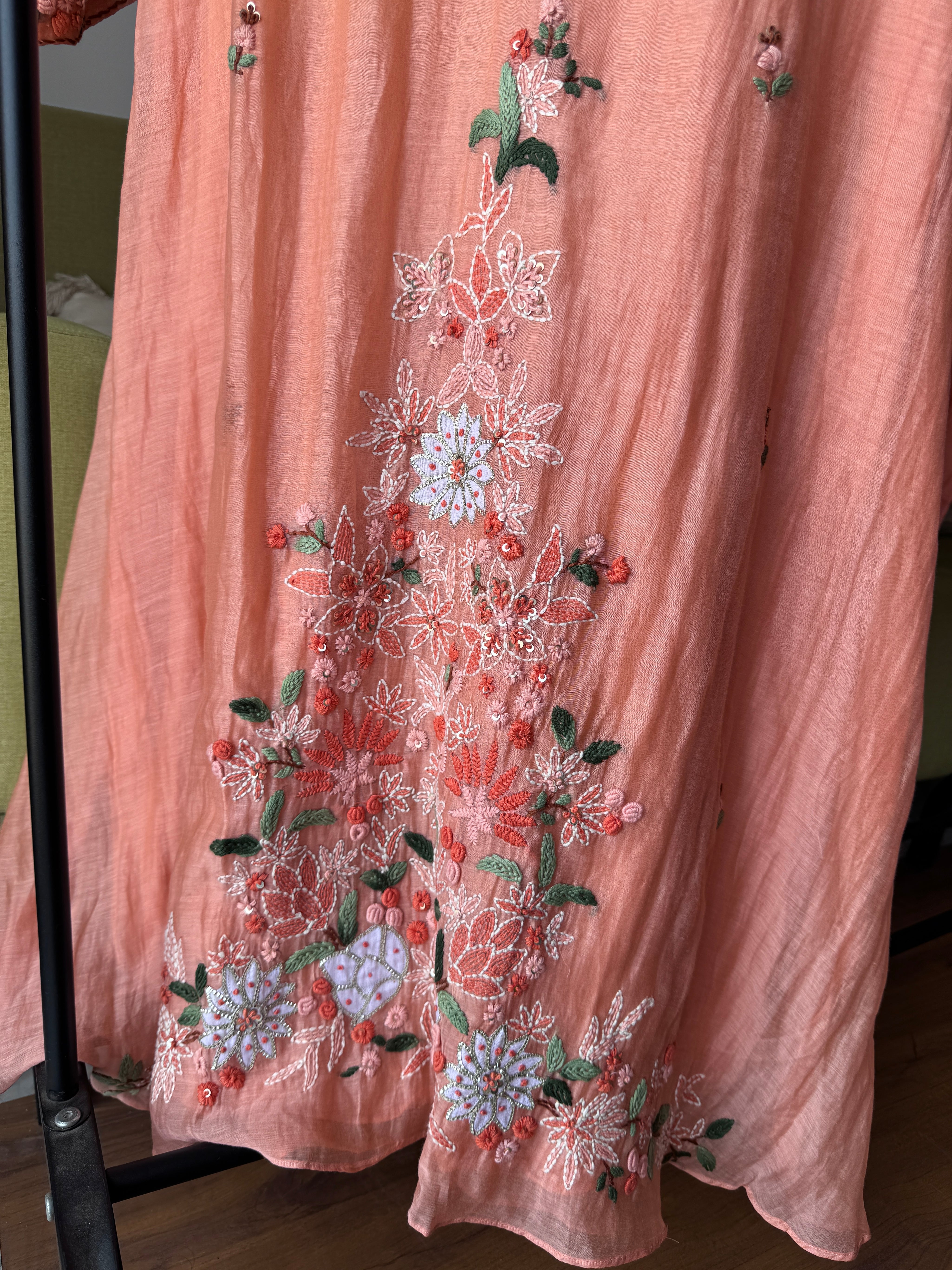 Apoorva Katha Work Mul Chanderi Dress- Peach (Make to Order)
