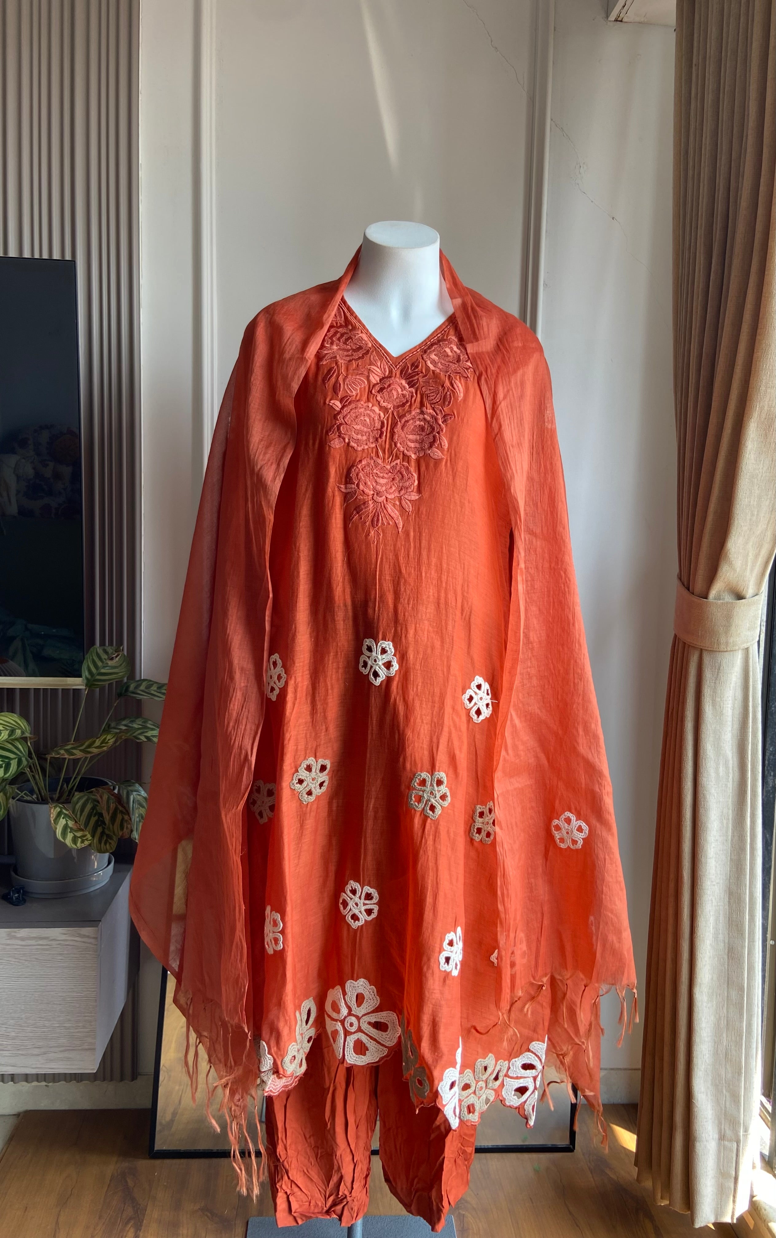 Mehek Aline Mul Chanderi Dress- Rust