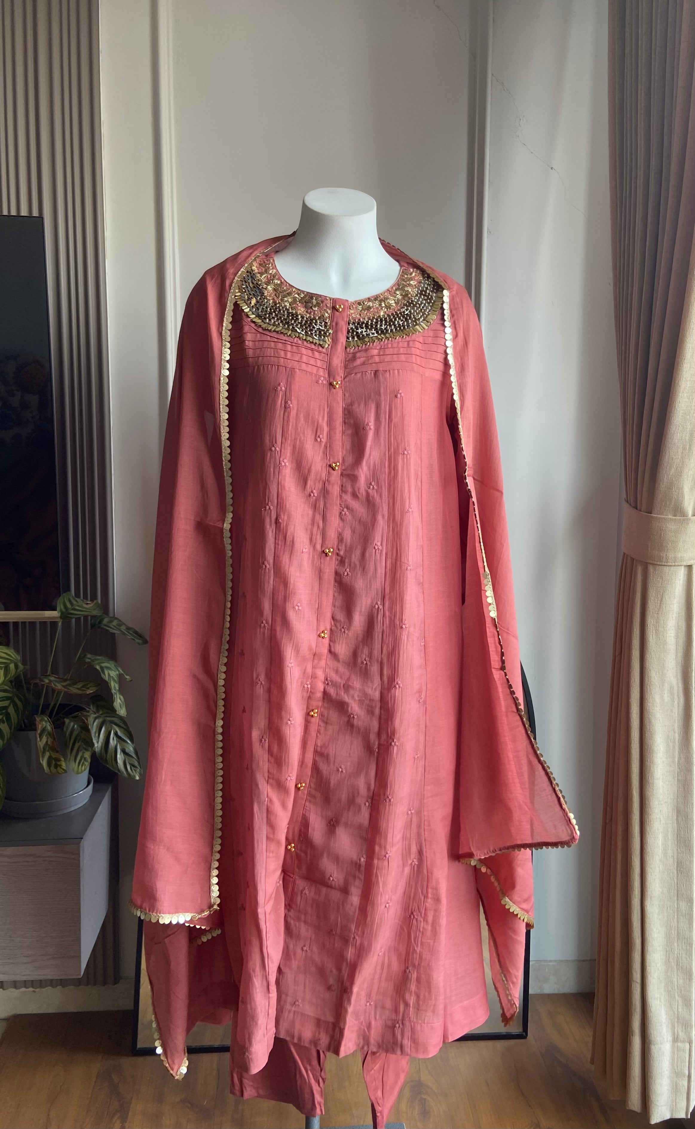 Yukti Handwork Mul Chanderi Dress- Baby Pink