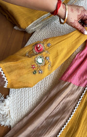 Geet  Contrast Panel Embroidered Dress-Yellow