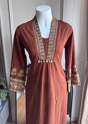 Pamela Embroidery Cotton Dress - Brown