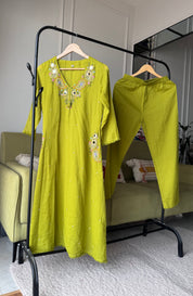 Mannat Pocket Embroided Mul Cotton Dress-Pista Green