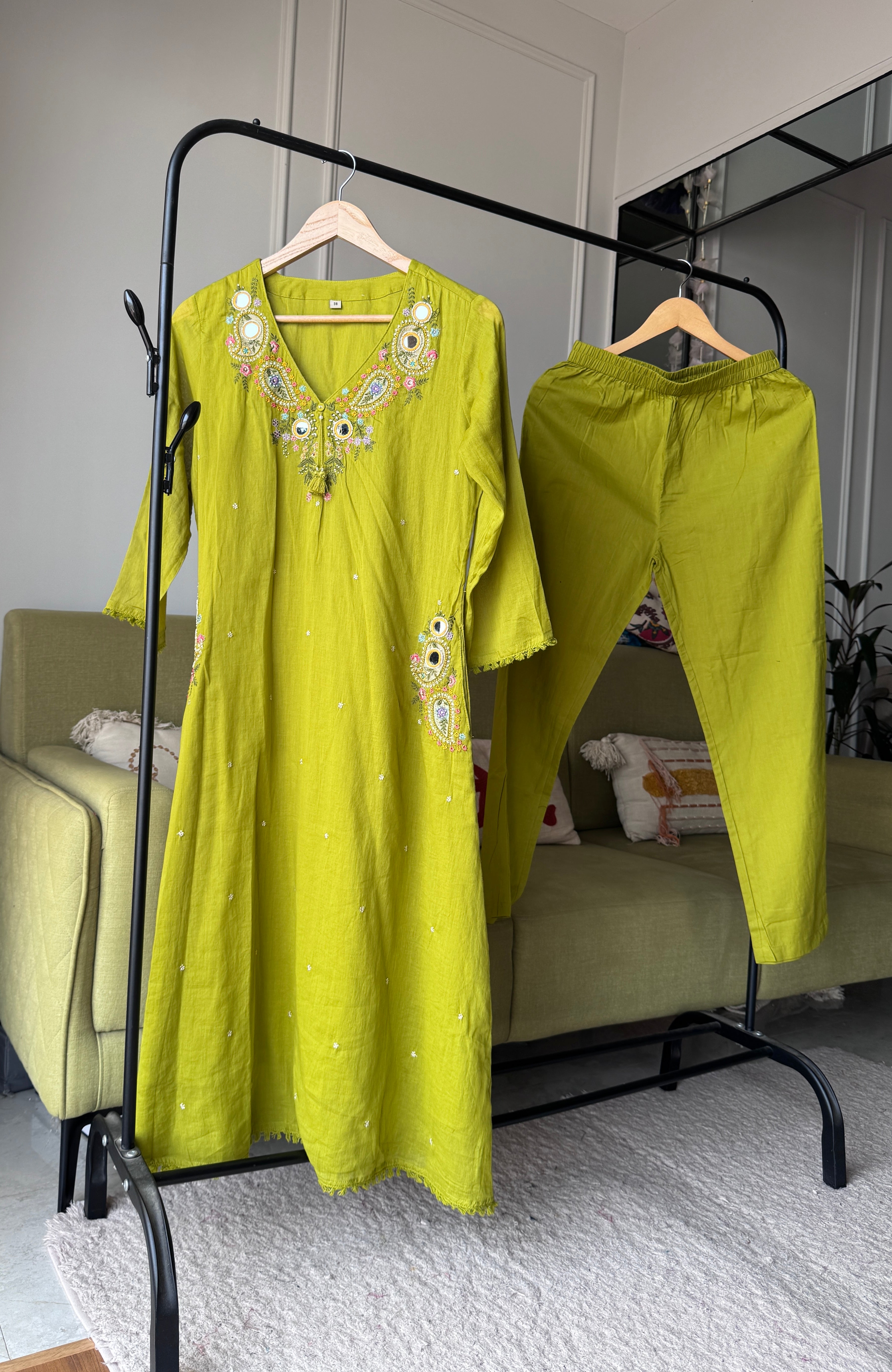 Mannat Pocket Embroided Mul Cotton Dress-Pista Green