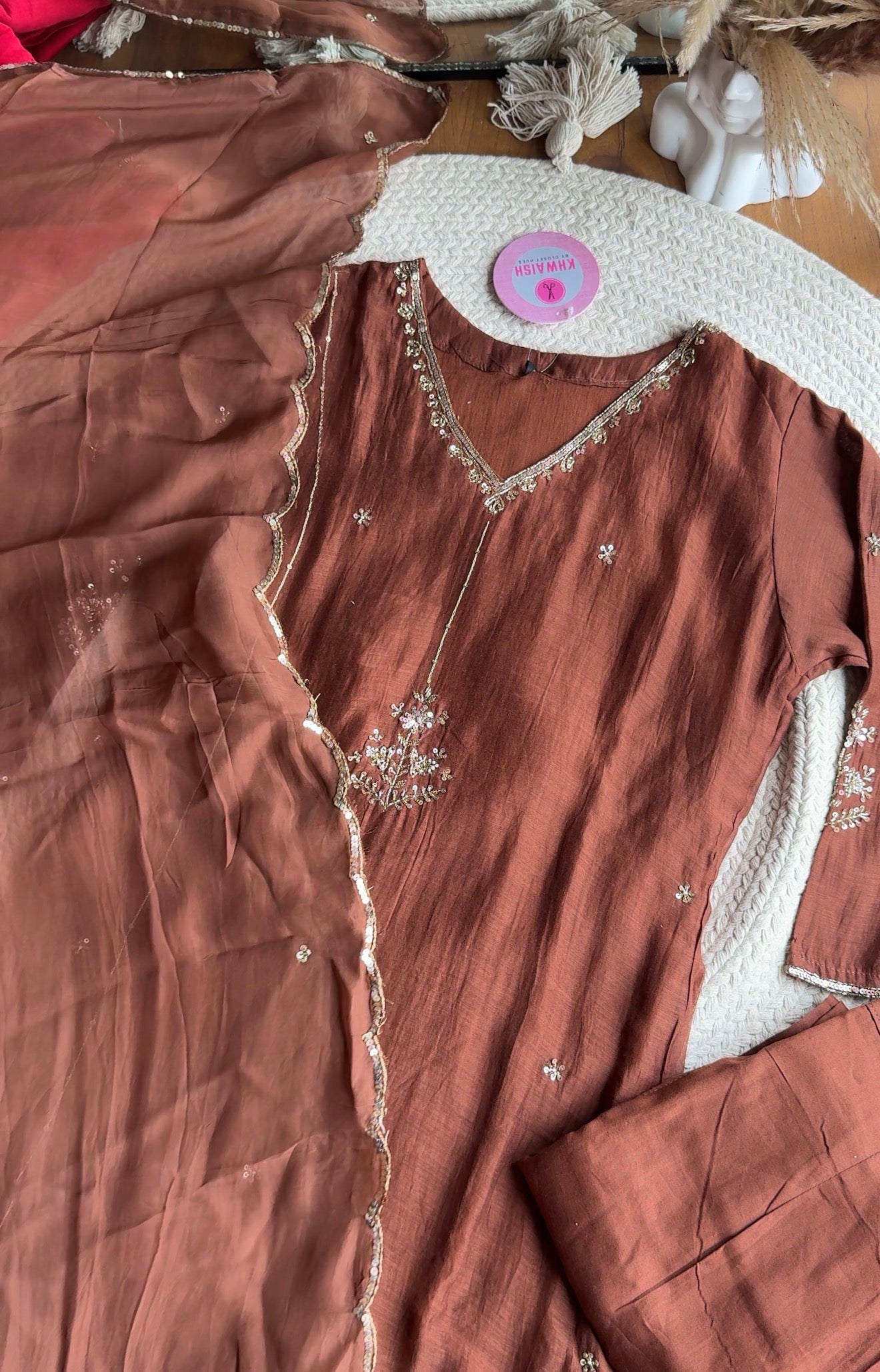 Akshara Hand Work Aline Dress- Brown