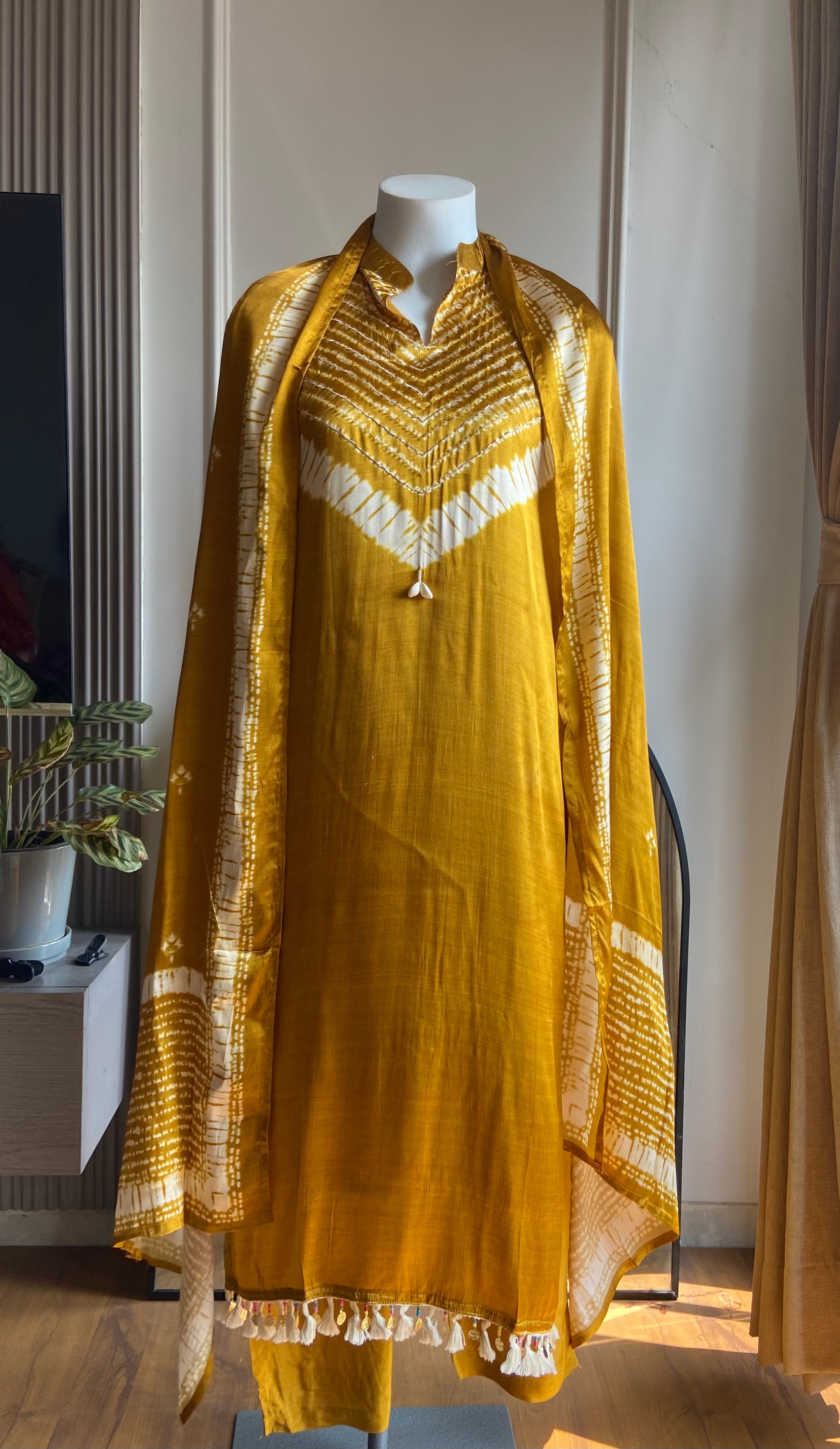 Mihika Bandhani gajji silk straight cut dress- Yellow