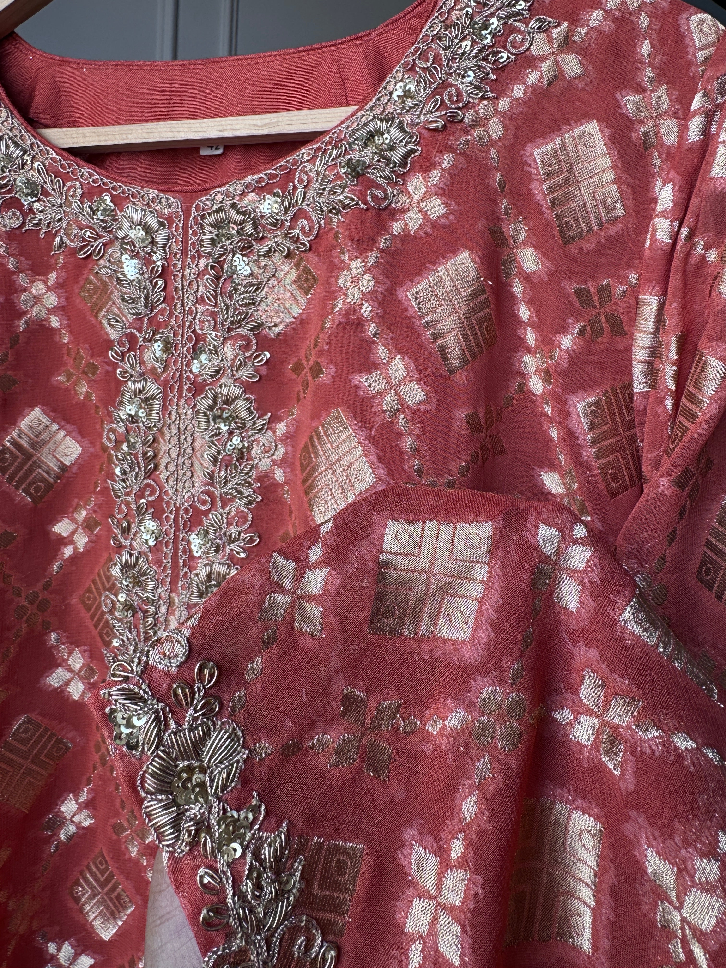 Riya Handwork Coord Set-Rust