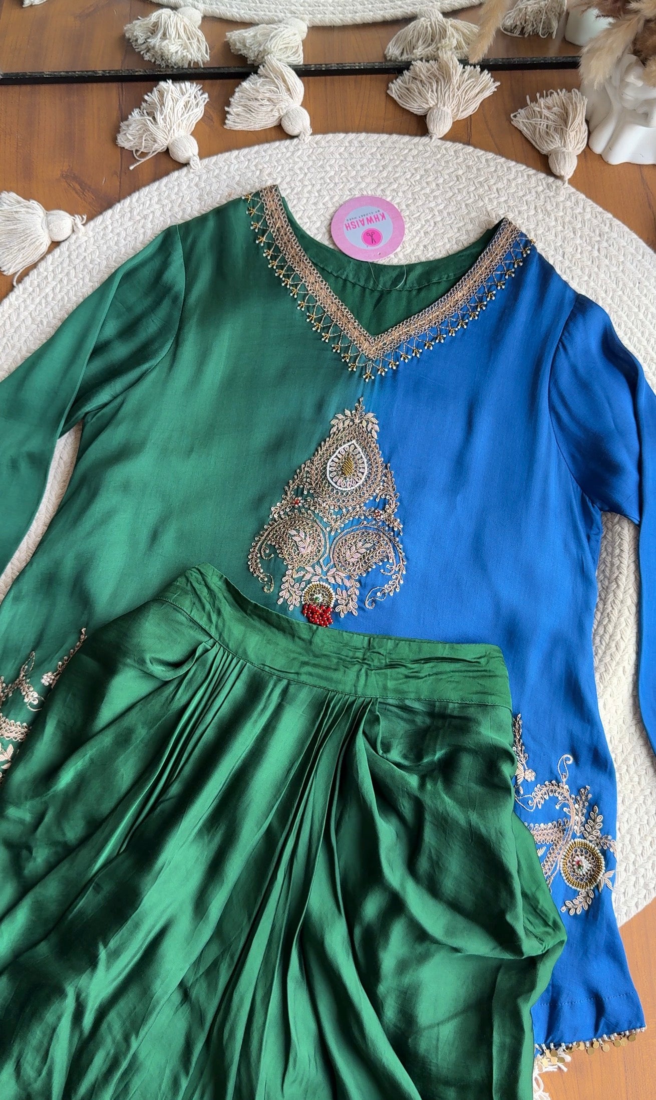 Radhika Hand Zardoshi Short Kurta With Dhoti Skirt- Blue with Green